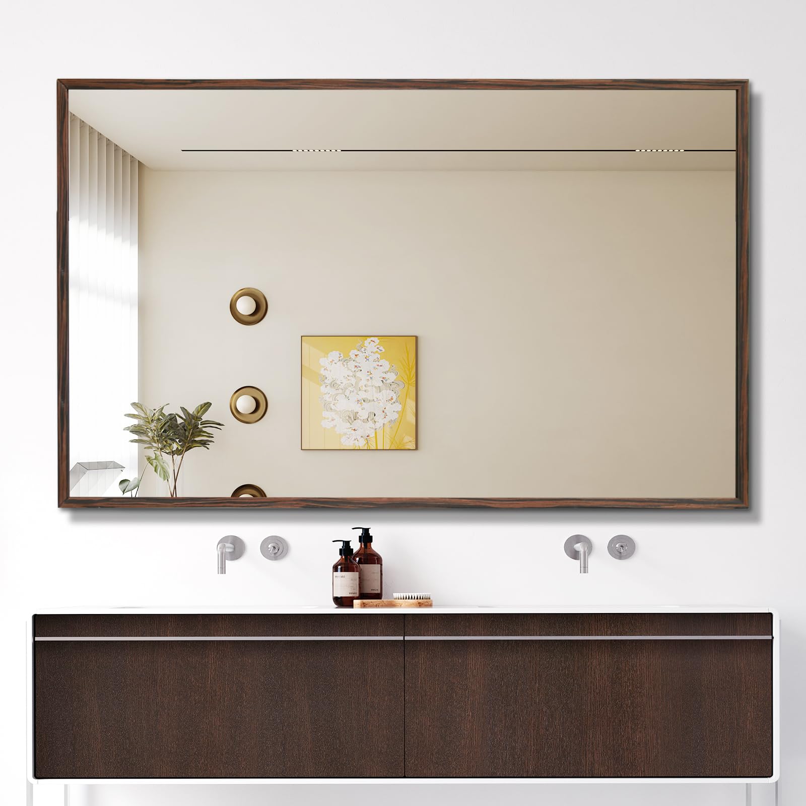 TheiaMo Walnut Wood Bathroom Mirrors for Wall Mounted, 48" x 30" Rectangle Rustic Wood Framed Wall Mirror, Decorative Farmhouse Mirror for Bathroom,