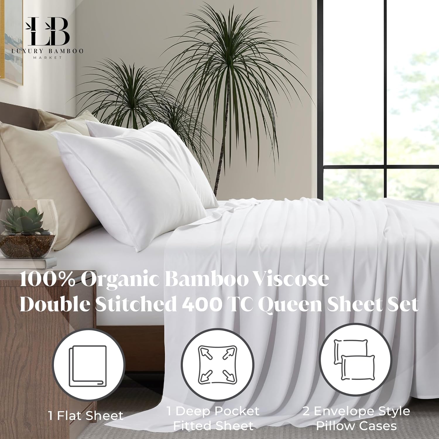 Luxury Bamboo Market | Queen Size Bed Sheet Set | 100% Viscose Made from Bamboo | Organically Grown | Ultra Soft | Cooling Sheets for Hot Sleepers | 17" Deep Pocket [Classic White] - Image 2