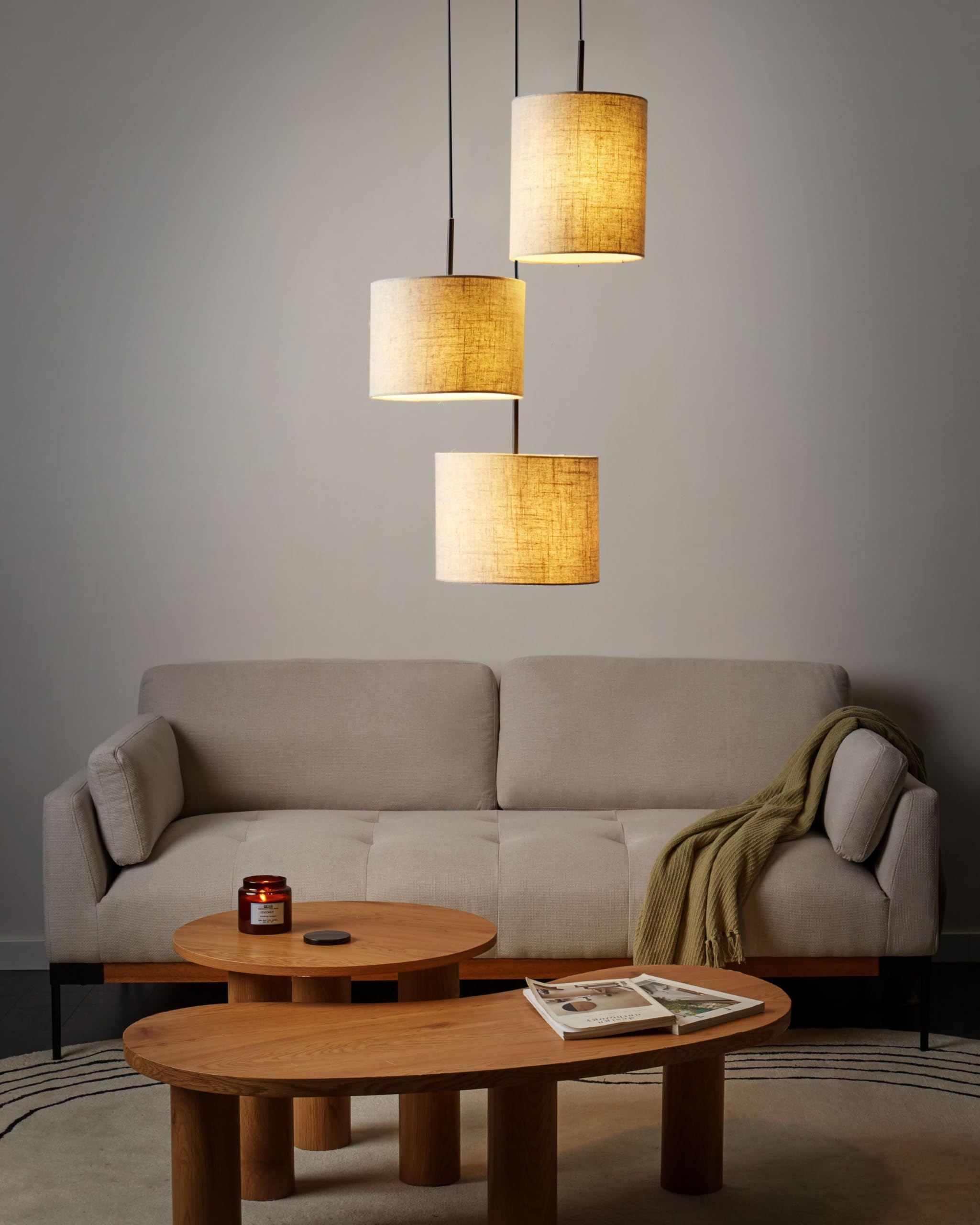 Beliani Hängelampe Leinen Stoffschirm helles Beige 3-flammig Trommelform modern Parguaza
