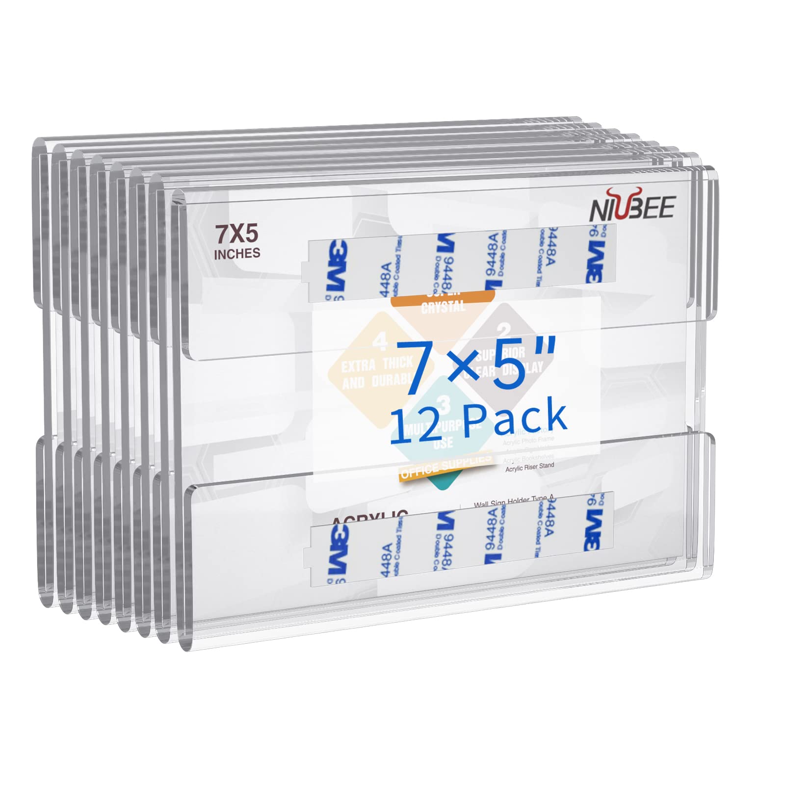 Niubee 5x7 inch Wall Mount Acrylic Sign Holder with 3M Tape Adhesive for Office, Home, Store, Restaurant, No Drilling - Horizontal (12 Pack)