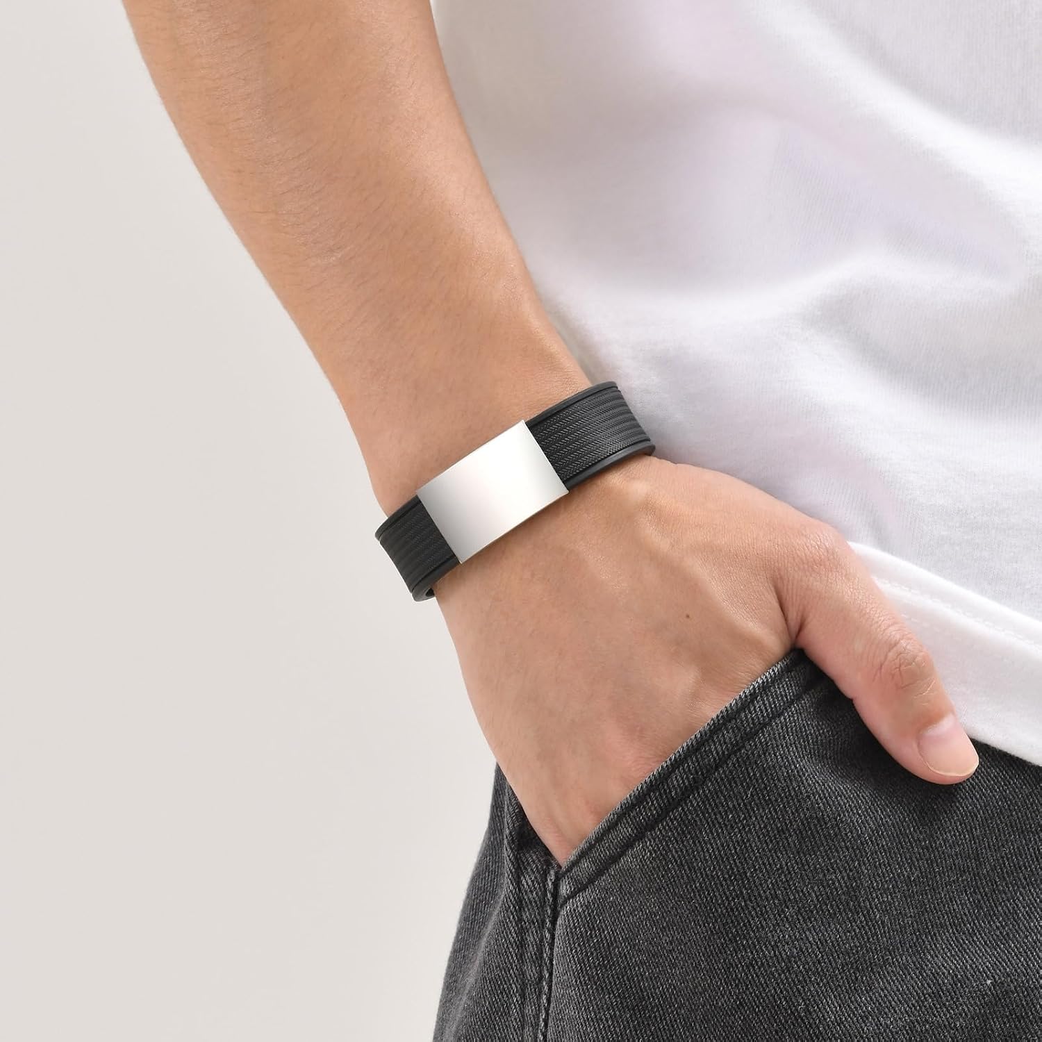 Beydodo ID Bracelet for Men, Silicone Bangle Bracelets with Stainless Steel with ID Tag, 6.3 to 8.7 inch Length, 19.8mm Width, Hip Hop Jewelry