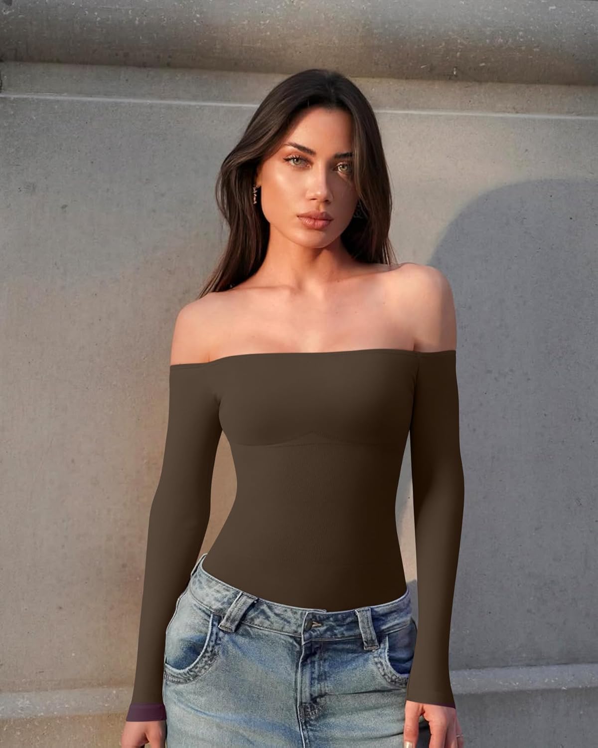 OQQ Bodysuits Womens Off-Shoulder Long Sleeve Seamless Shapewear Tops - Image 2