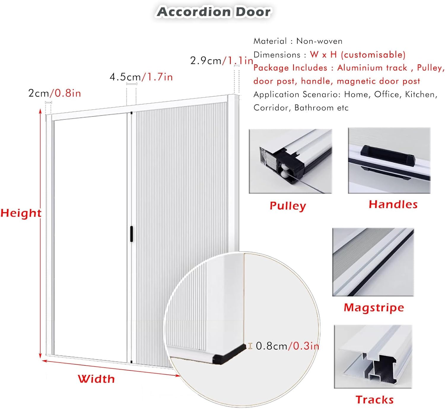 Retractable Accordion Doors for Doorway 78 76 72 60 50 42 40 36 24 Inch Shower Door with Handle Cellular Fabric Bedroom Bathroom Kitchen Office RV Room Divider Folding Door White W