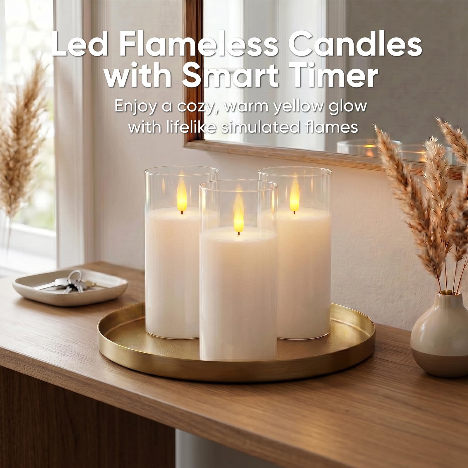 5plots Set di 3 candele a LED bianche senza fiamma, con timer remoto, candele a pilastro in vera cera con luce tremolante calda per interni, casa, Halloween, decorazioni natalizie, D3 x H6 15,2 cm