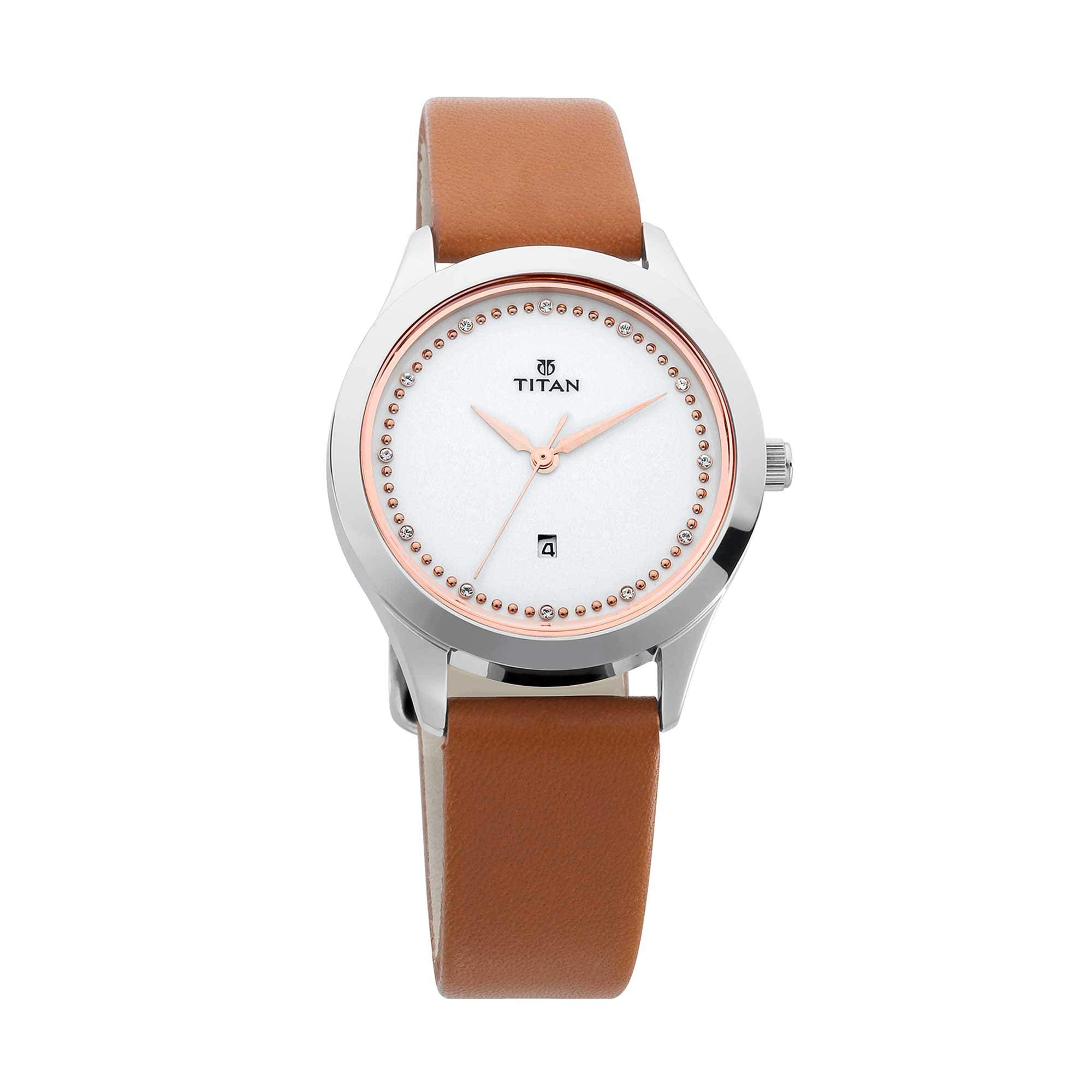 Sparkle Leather Strap Analog Date Function Watch for Women
