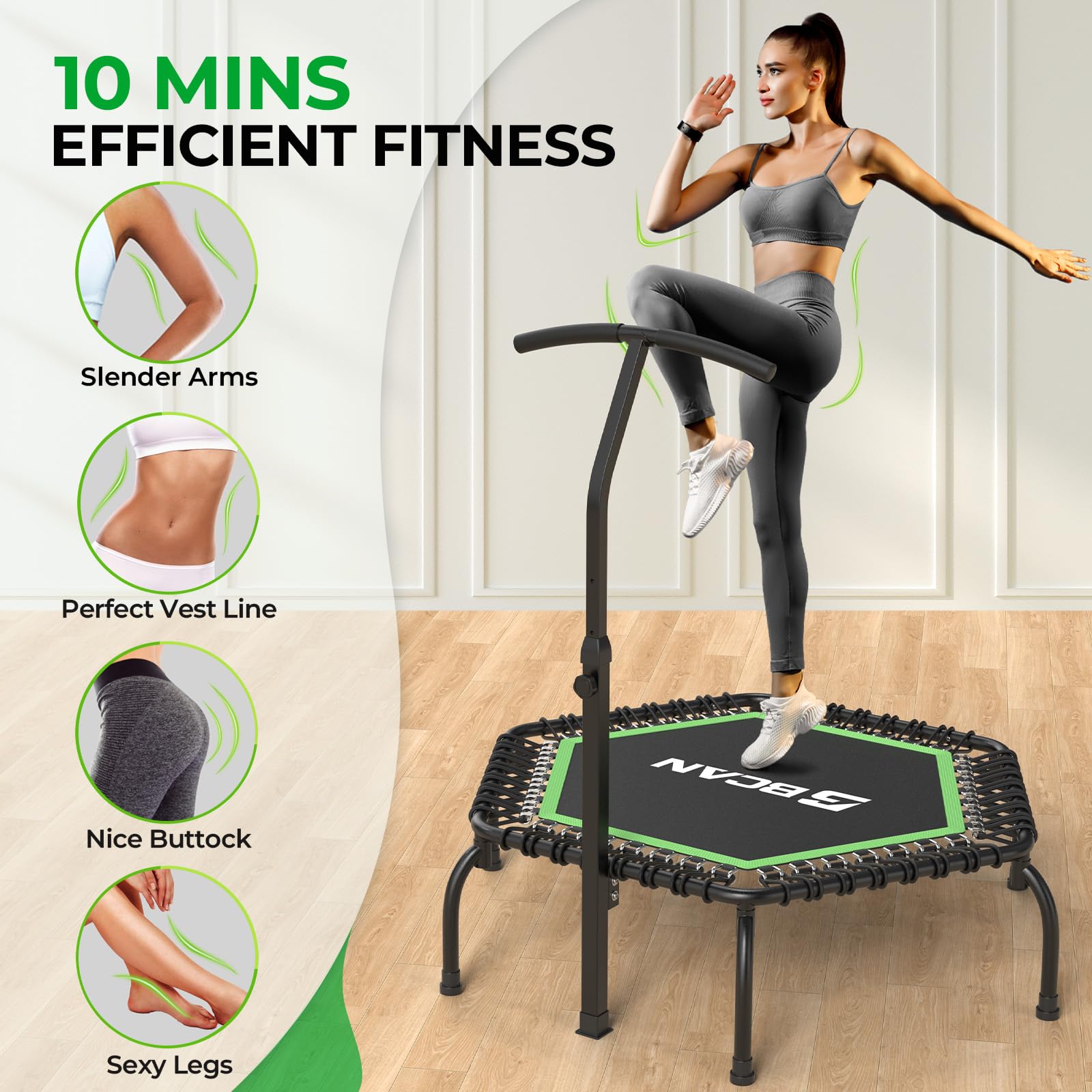 Trampolina wewnętrzna BCAN Fitness, średnica 102/122 cm, mini trampolina bungee/sprężynowa, odpowiednia dla osób dorosłych o wadze do 204/250 kg, z regulowanymi uchwytami, cicha i niskowibracyjna.