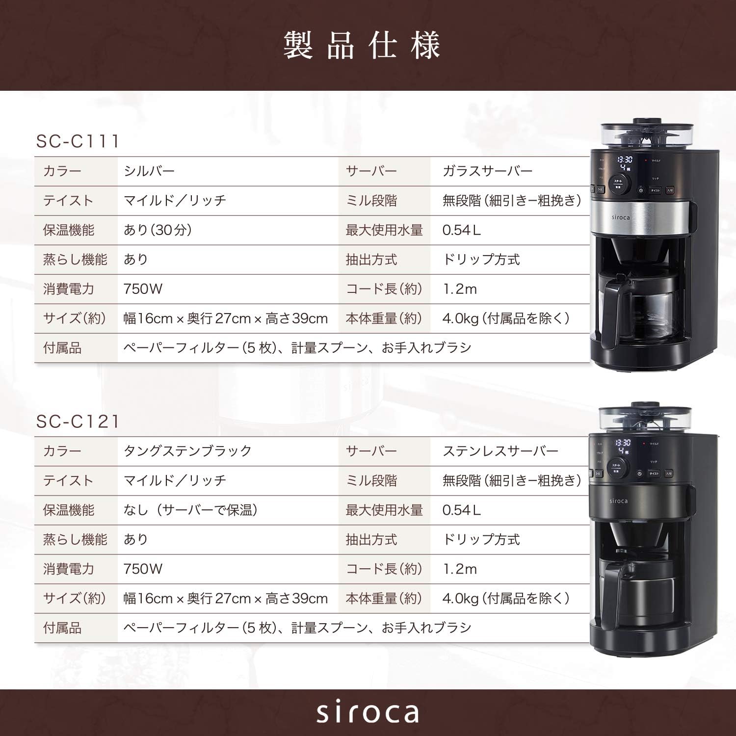 siroca Full Automatic Coffee Maker SC-C111-K-SS (Black & Stainless Steel Silver)【Japan Domestic genuine products】