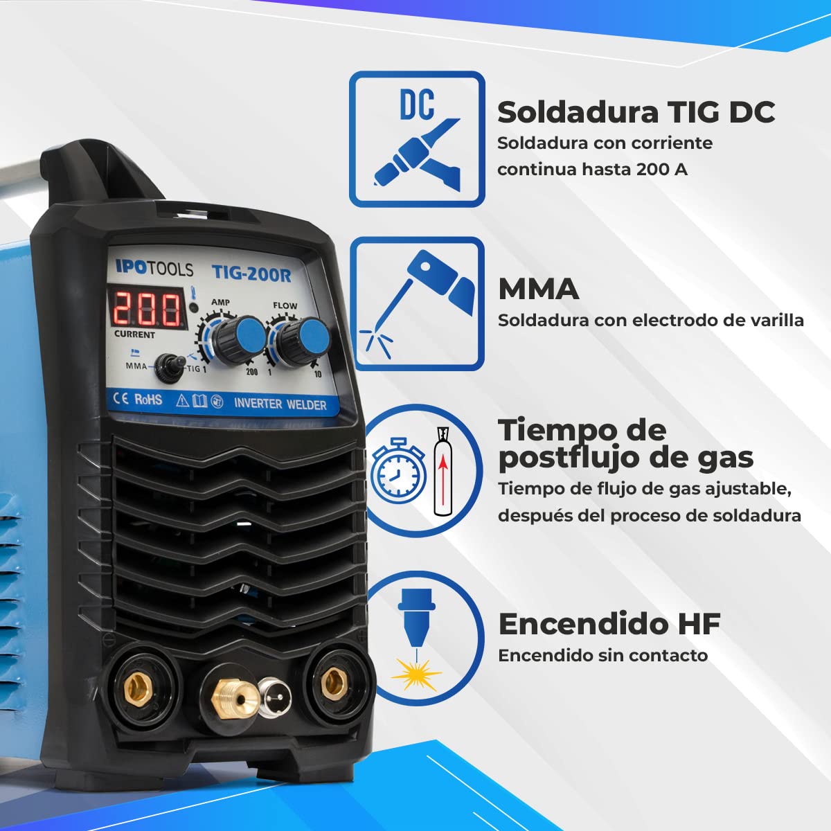 IPOTOOLS TIG-200R WIG - Máquina de soldar DC - TIG WIG 200 Amplificadores Inverter Digital Inverter Máquina de Soldar, Inversor con Pantalla Digital, Encendido RF, MMA, IGBT, 7 años de garantía
