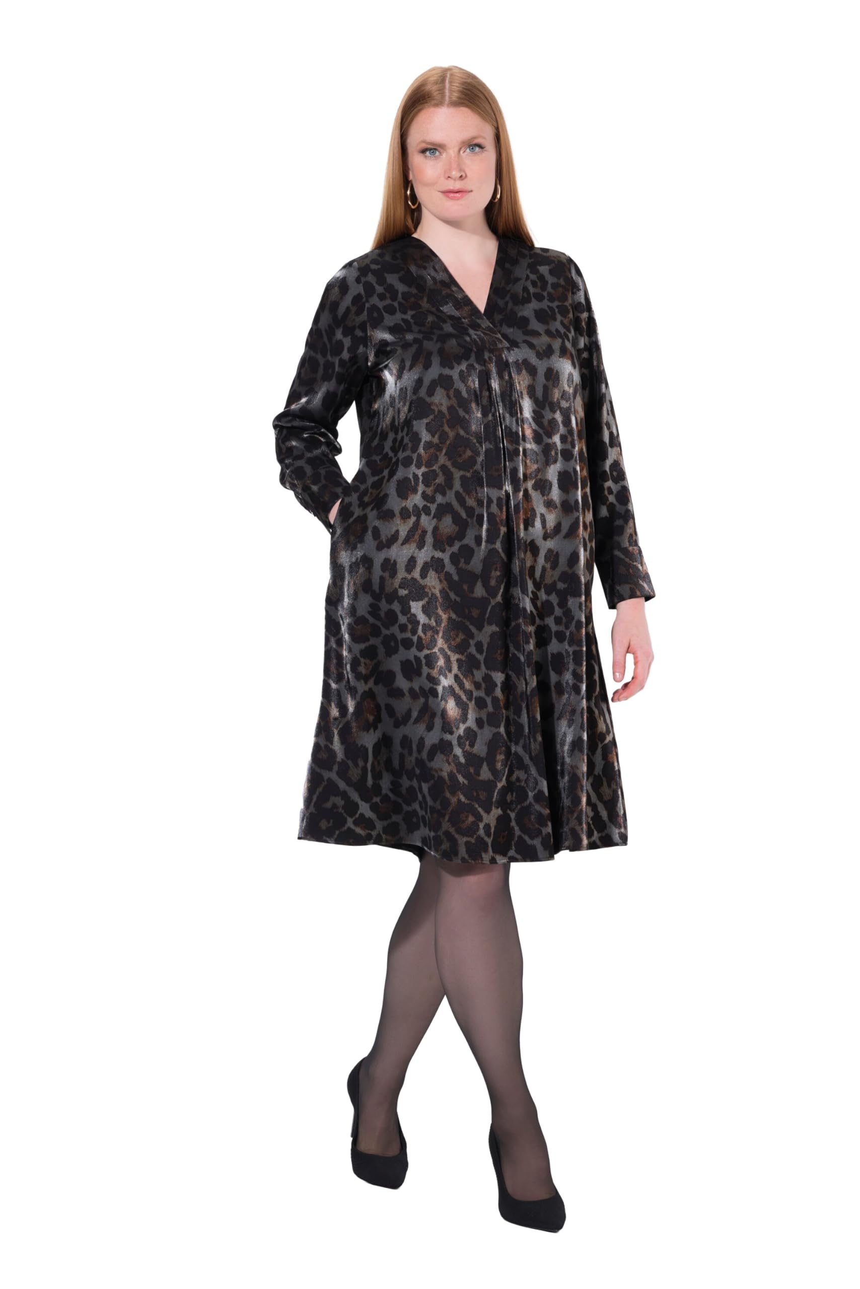 Ulla Popken Damen große Größen Übergrößen Plus Size Midikleid, Leo-Design, A-Linie, V-Ausschnitt, Langarm 843102