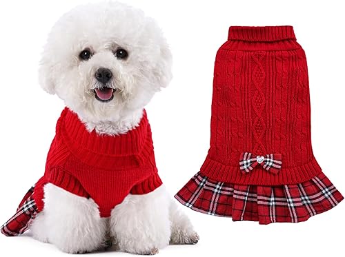 YUDODO Vestido suéter para perros pequeños, suéter de cuello alto para perro, cálido, ropa de punto suave para cachorros, lindos vestidos para