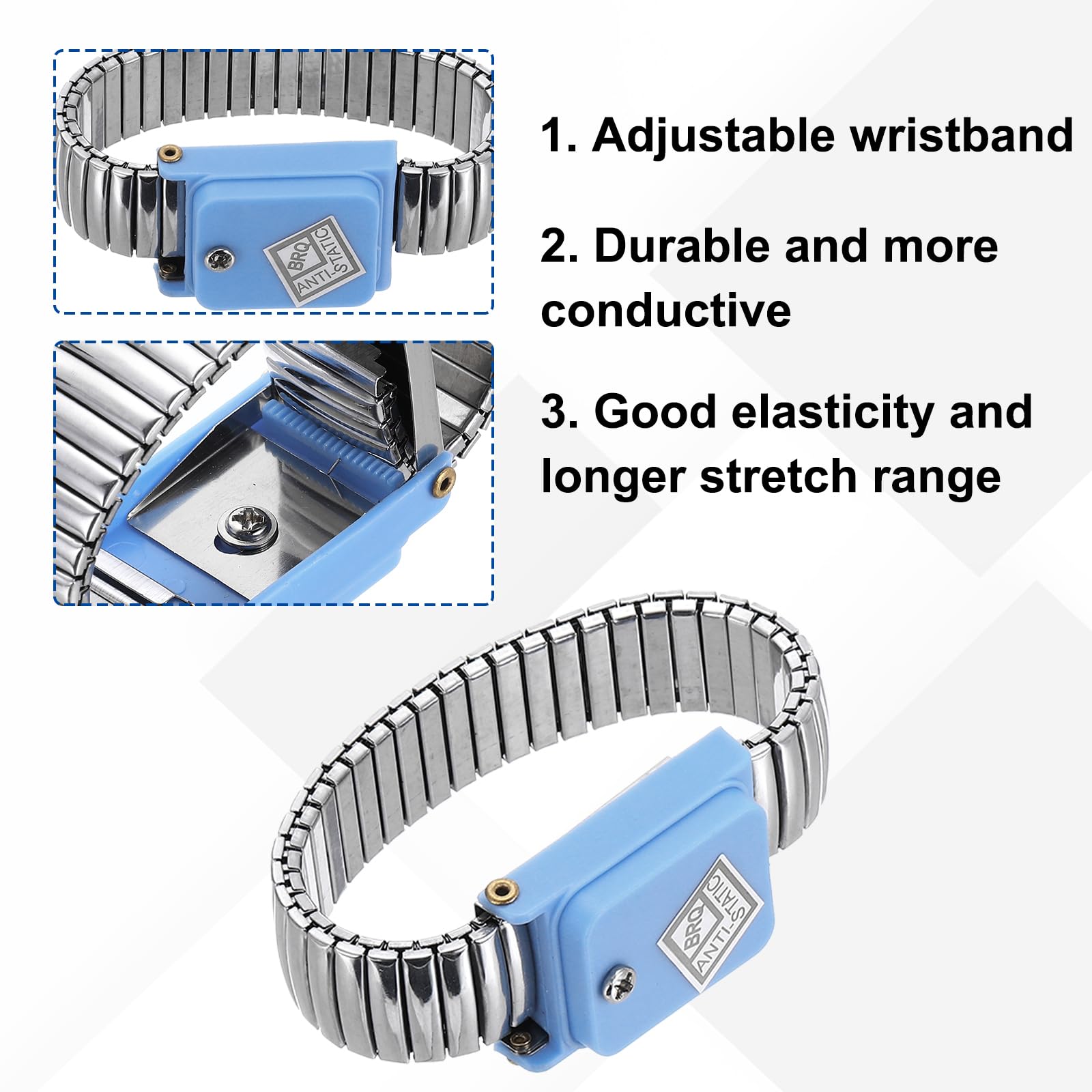 QUARKZMAN 5Pcs Braccialetto Antistatico Blu Perimetro 6.7" Polsiera | Esd Antistatica Senza Filo, Lunghezza 21-32CM, Regolabile, Per Dispositivi Elettronici Sensibili