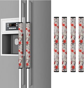 4 PCS Red Sparrows Butterflies and Cherry Blossoms Refrigerator Door Handle Covers Kitchen Appliances Gloves for Microwave Dishwasher Fridge Door Cloth Protector Covers