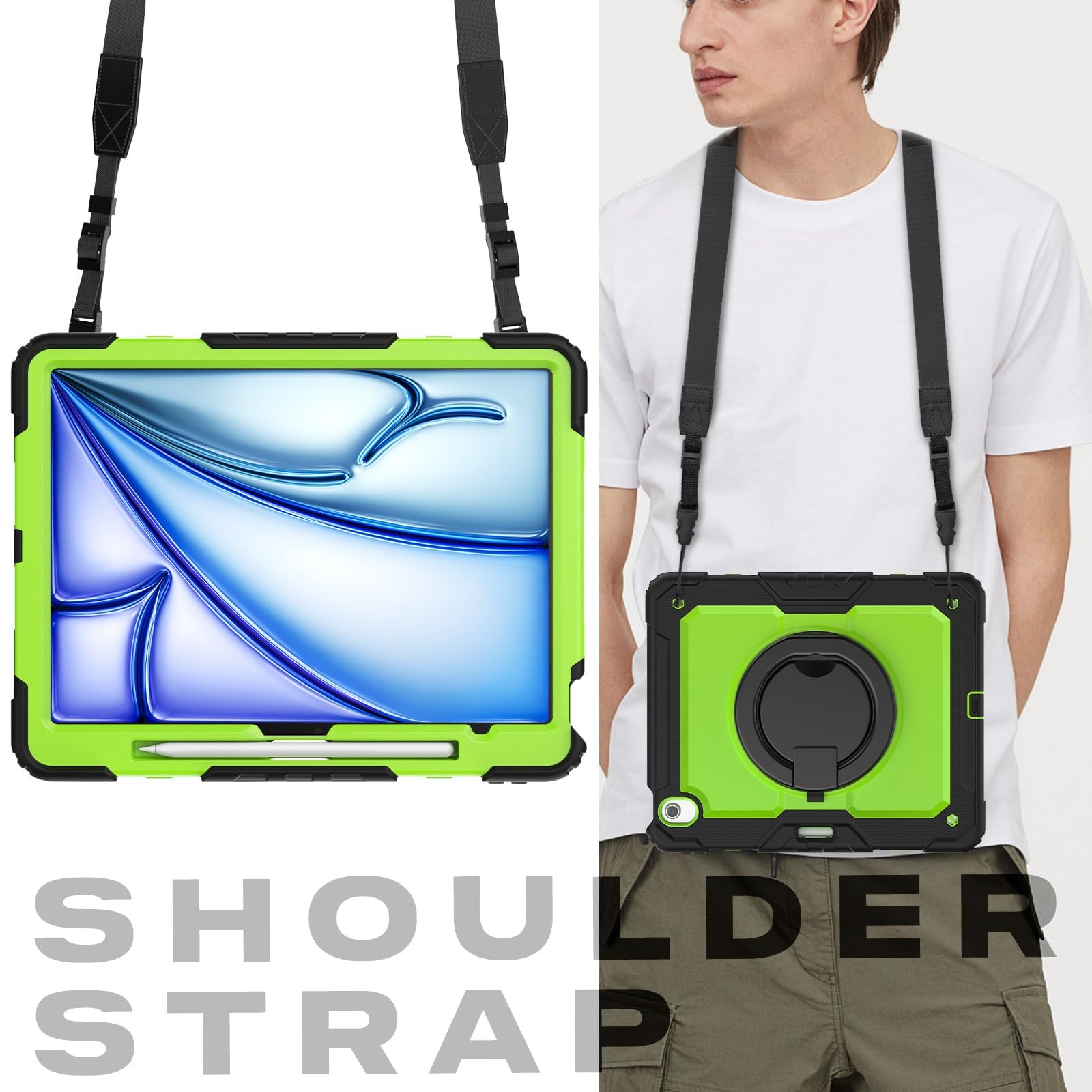 Kompatybilny z iPad Air 13 cali M2 2024 Etui ochronne na całą obudowę uchwytem ołówek i ochraniaczem ekranu, wytrzymała, solidna obudowa obrotowym silikonowym(Yellow Green 2)