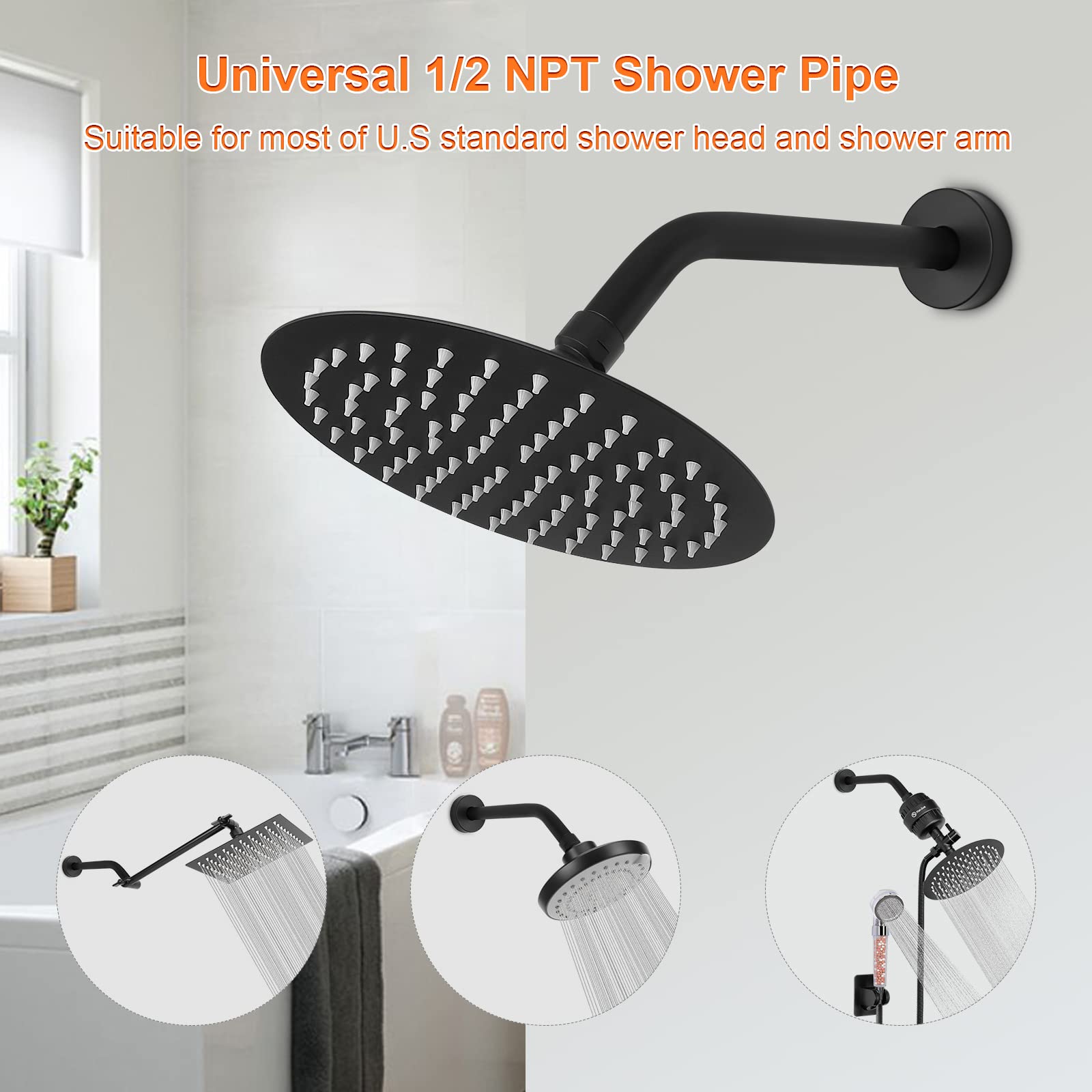 Brazo de ducha con brida y cinta de teflón, tubo de ducha montado en la pared, brazo de extensión de acero inoxidable 304 para cabezal de ducha fijo y mano (10 pulgadas, negro mate)