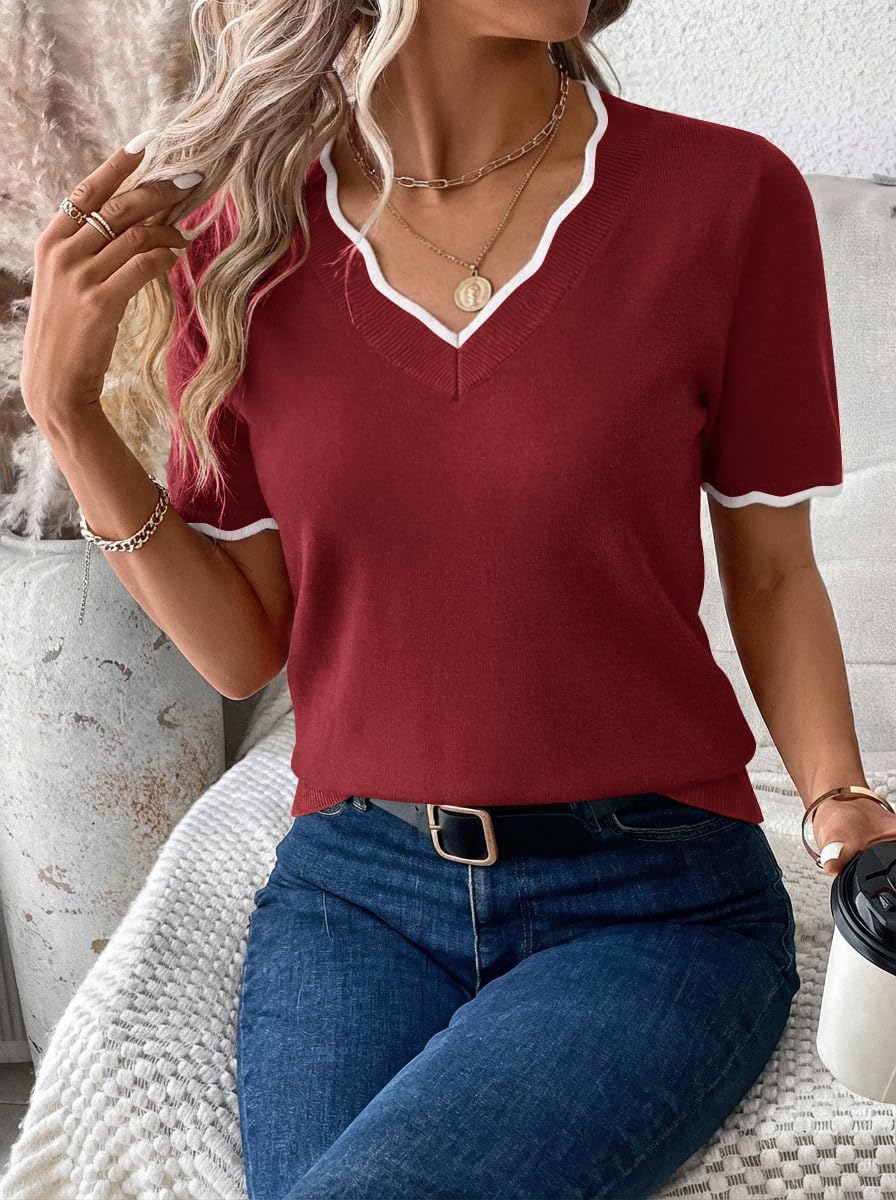 LaGracia Short Sleeve Sweater for Women Scalloped V-Neck Pullover Lightweight Dressy Casual Sweaters - Image 5