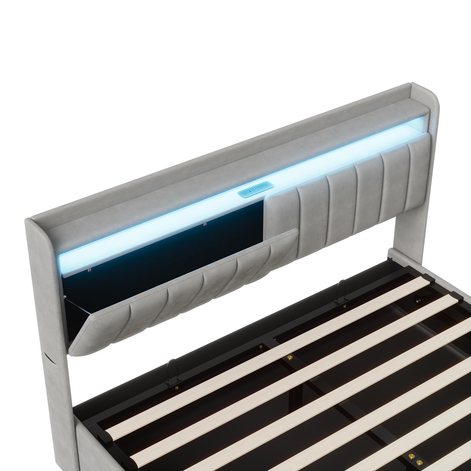 Lit Coffre 160 x 200 cm,avec Éclairage LED et Port USB,Lit Double Rembourré avec Rangement et Tete de lit,pour Adultes et Adolescents,Velours (Gris A, 160 x 200 cm)