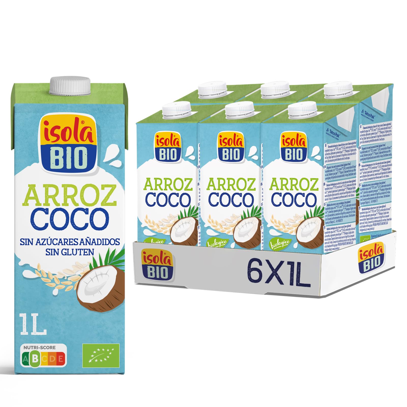 Bebida Ecológica Vegetal de Arroz y Coco 1L Pack 6 Sin Azúcar Añadido Sin Gluten