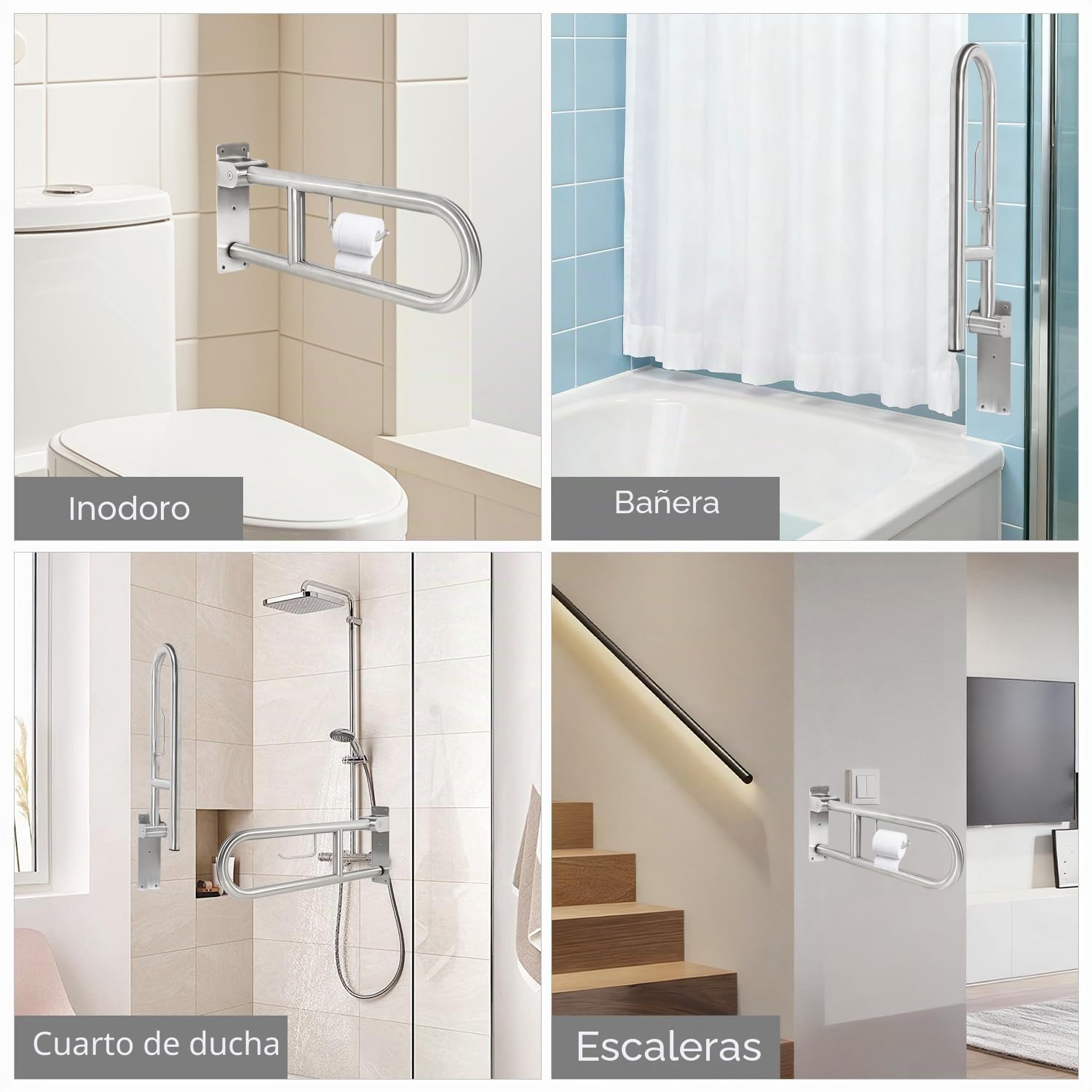Barra Baño Minusválido 60cm con Portarrollos, Agarrador Ducha | Asidero Baño Personas Mayores, Acero Inoxidable, Soporta Hasta 350kg para Ducha y WC