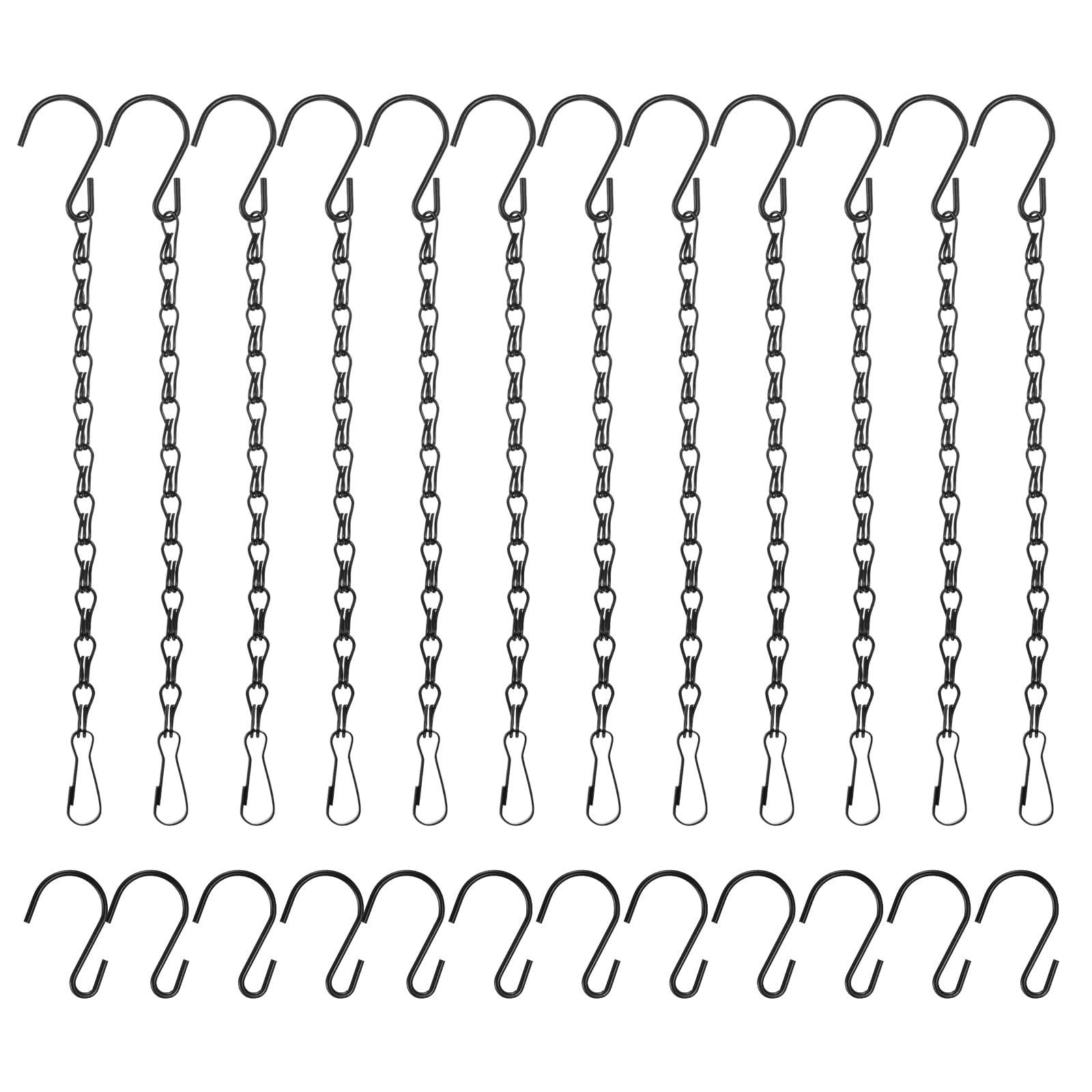 M METERXITY 12-Pack Chain for Hanging Plants, 25cm(10 Inch) Adjustable Hanging Chain with Hooks & Clips for Bird Feeder/Planter/Lantern/Wind Chime, Iron Basket Extender Hanger [Black]