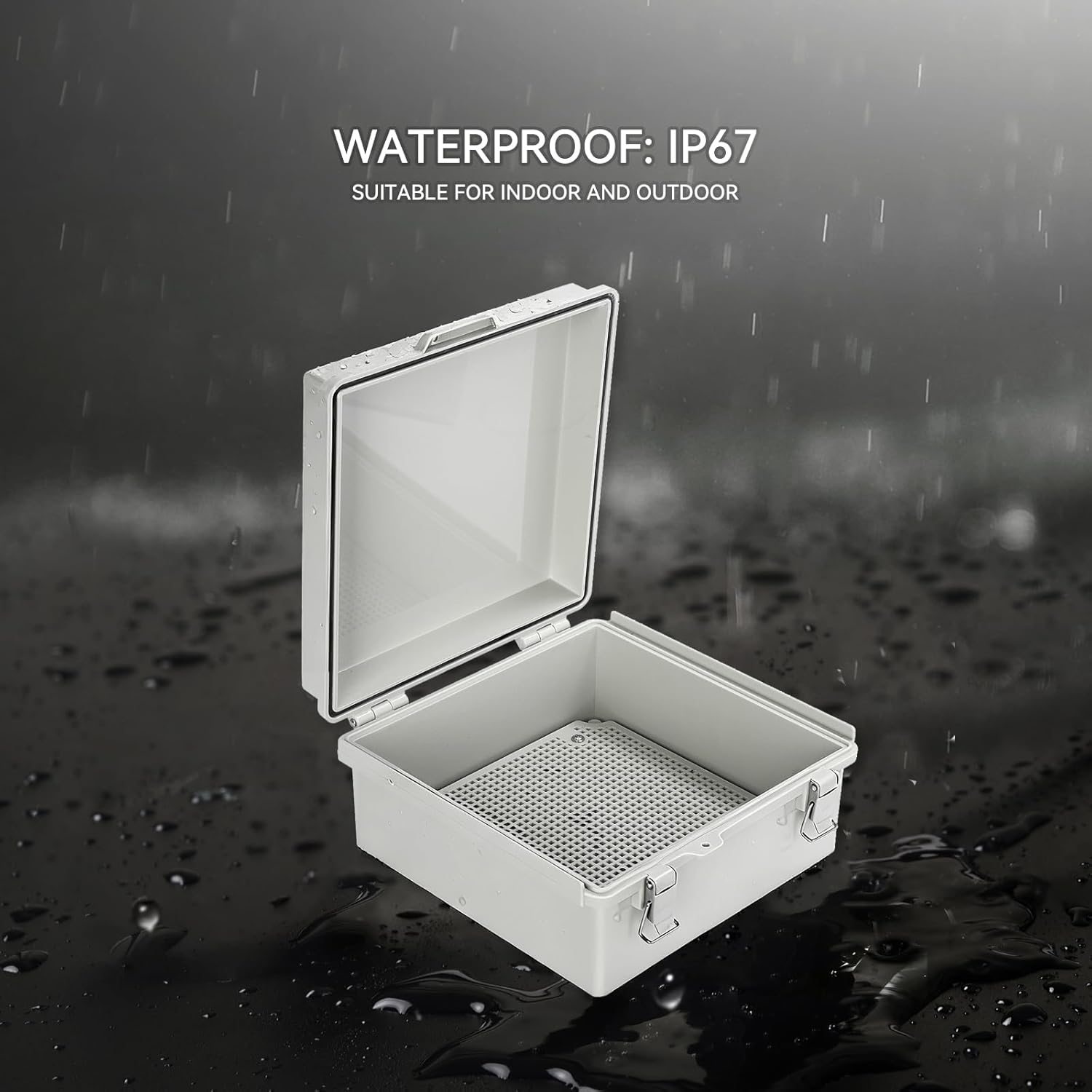 Mollom Outdoor Junction Box for Electrical Project Waterproof IP67 with Hinged Grey Cover, Stainless Steel Latch, Mounting Plate, and Wall Brackets(210x210x100mm | 8.3x8.3x3.9In)