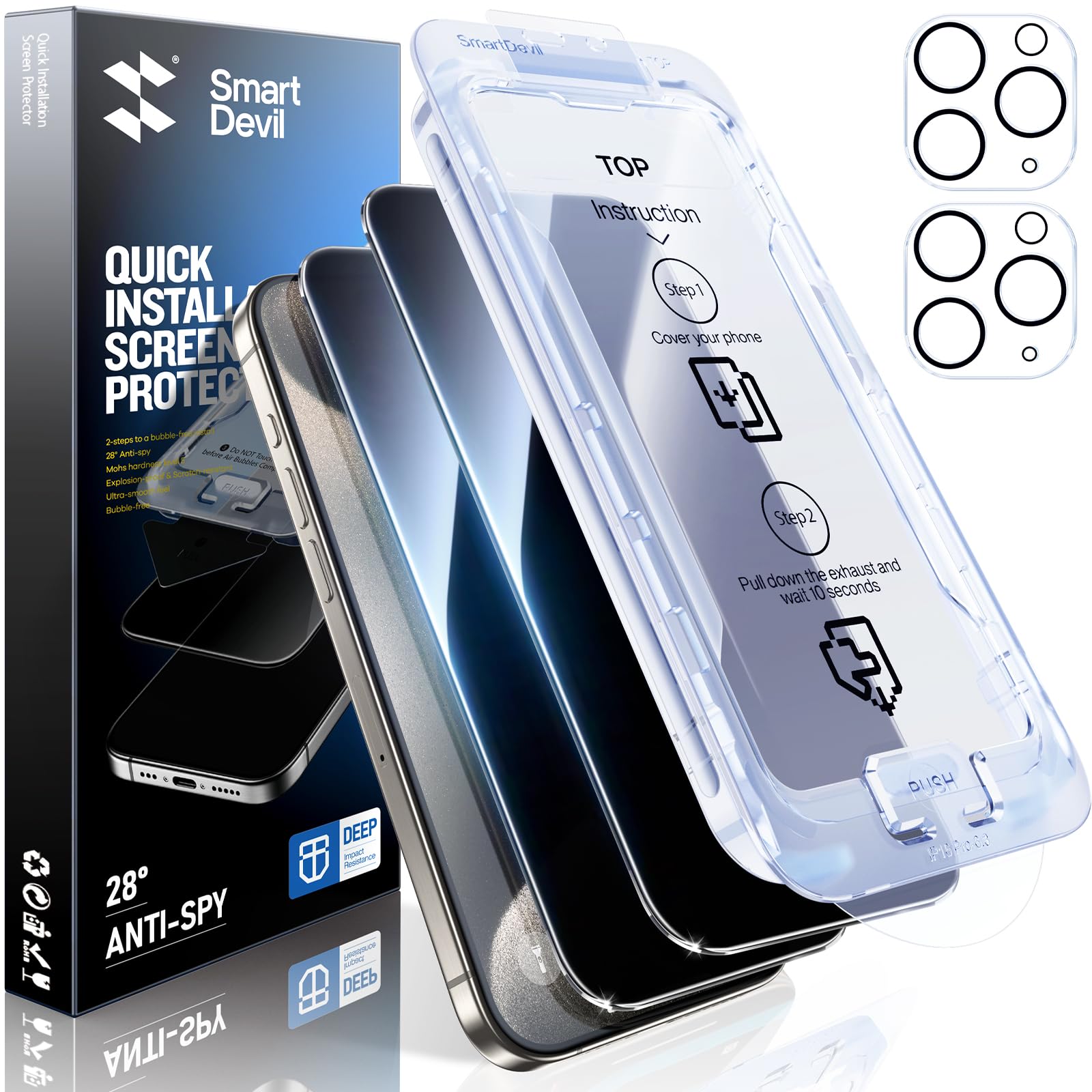 SMARTDEVIL Privacy Screen Protector for iPhone 15 Pro Max + Lens Protectors