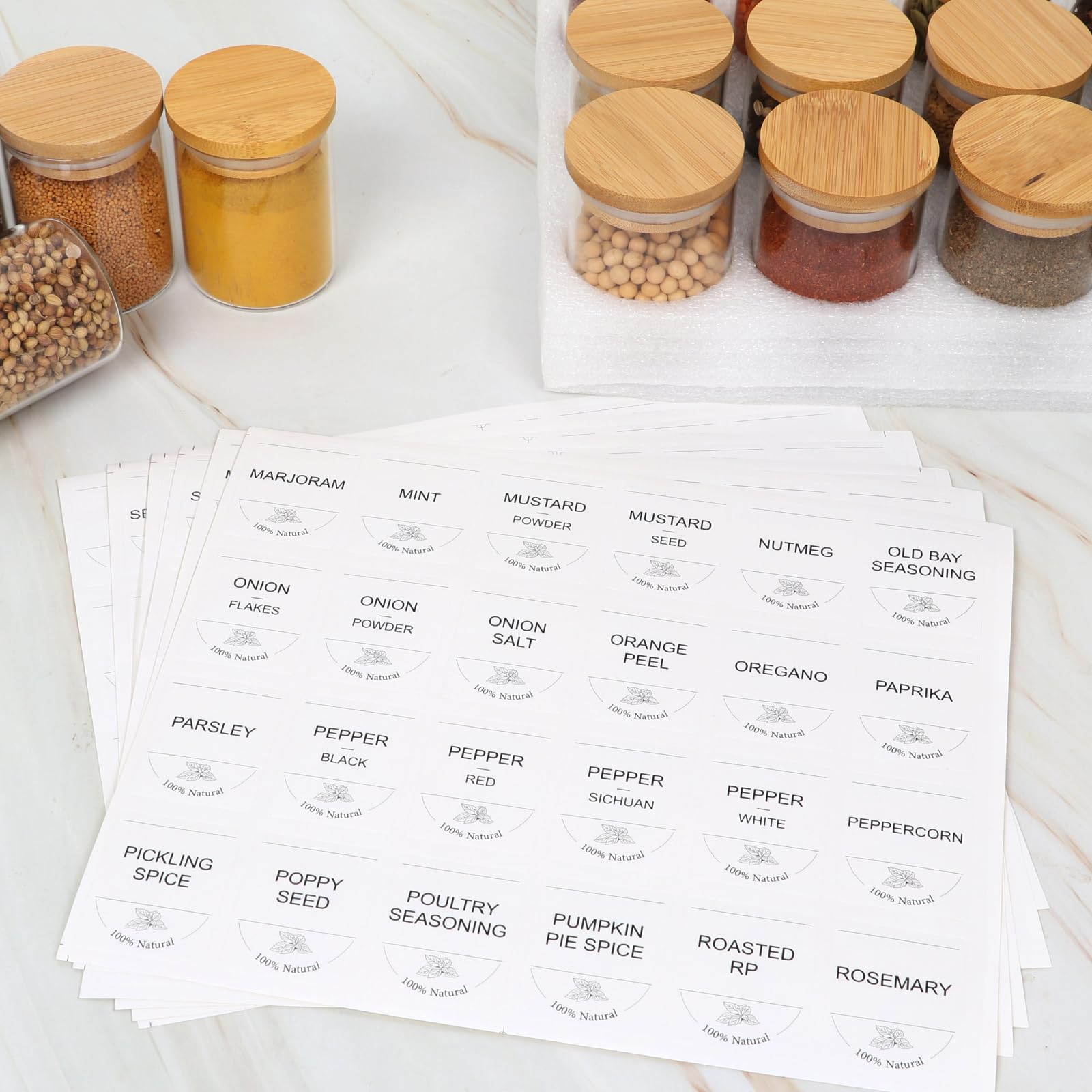 Barattoli in vetro con coperchio in bambù, confezione da 15 (150 ml) – Barattoli ermetici per spezie da cucina, dispensa, erbe, condimenti, caffè, tè e zucchero