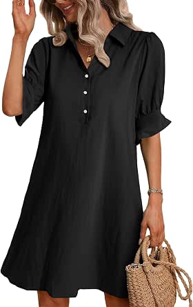 Wkior Women's Casual Shirt Dress - Ruffle Sleeve Button Down Mini Dress With Pockets, Black X-Large - View #5
