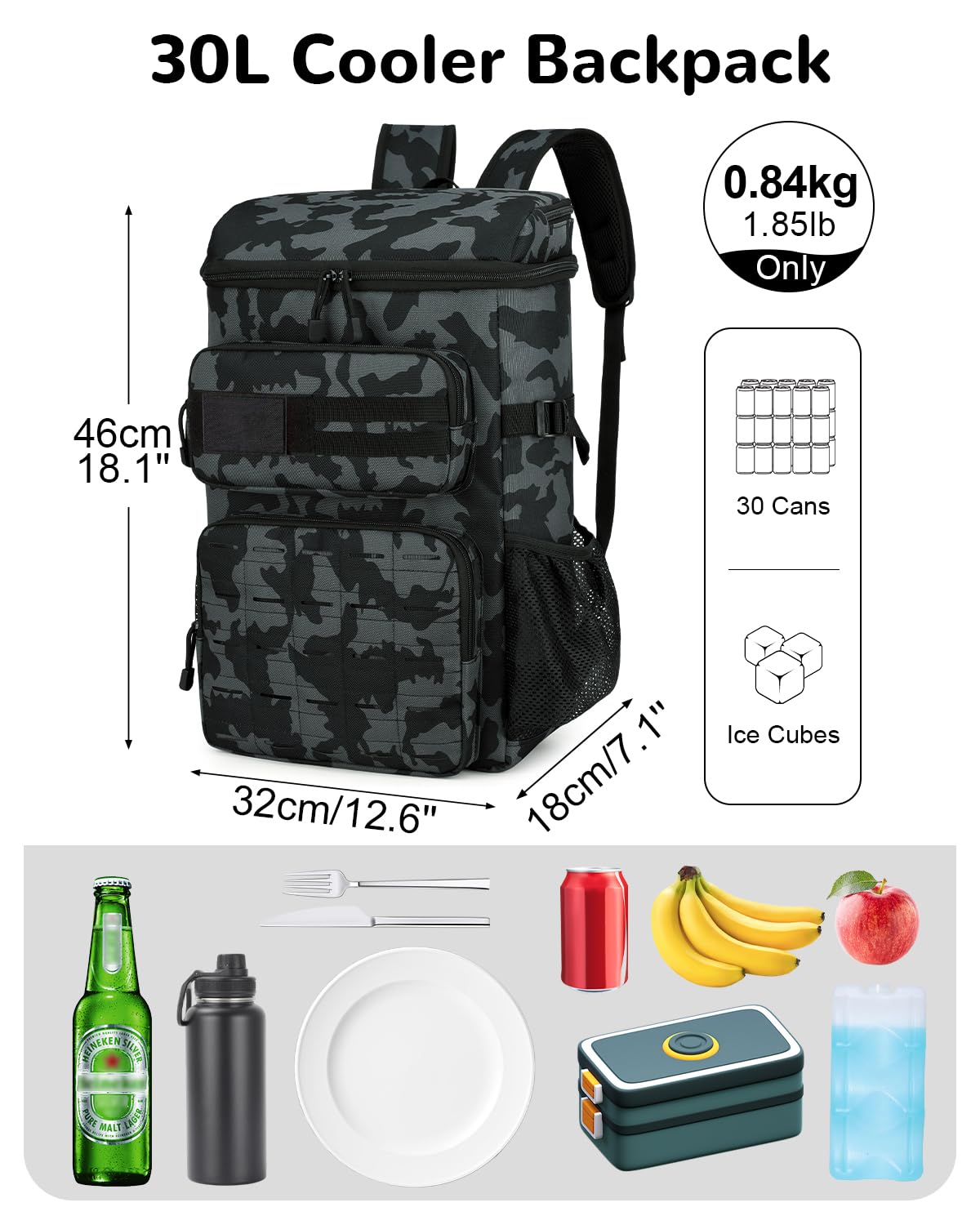 Mochila Nevera Táctica, Mochila Térmica de 30 Latas Aislada y a Prueba de Fugas, 30L Bolsa de Picnic Impermeable para Playa Almuerzo Picnics Senderismo