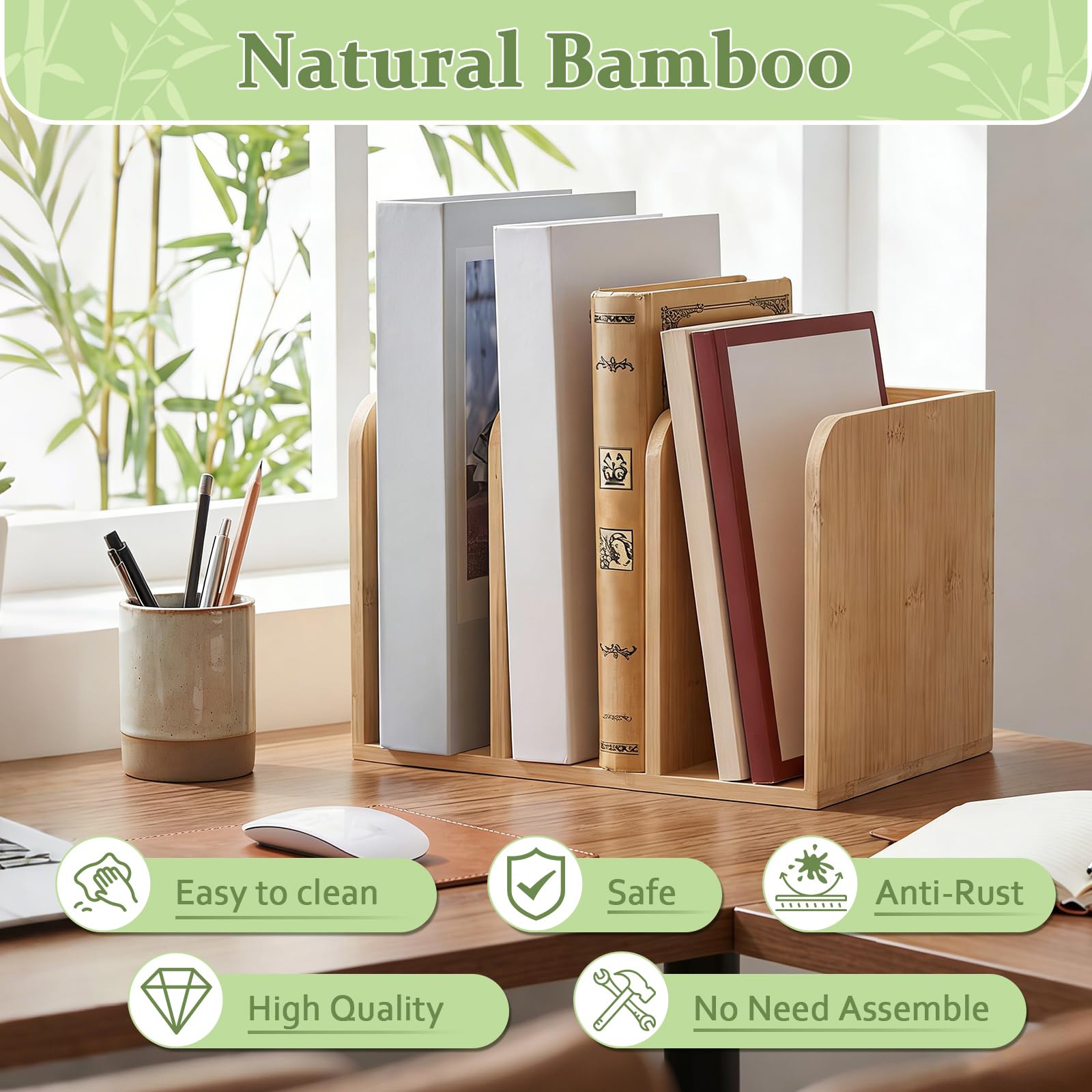 Novabright Organizer da scrivania in legno di bambù, 3 scomparti verticali, per riviste, raccoglitori, quaderni, buste
