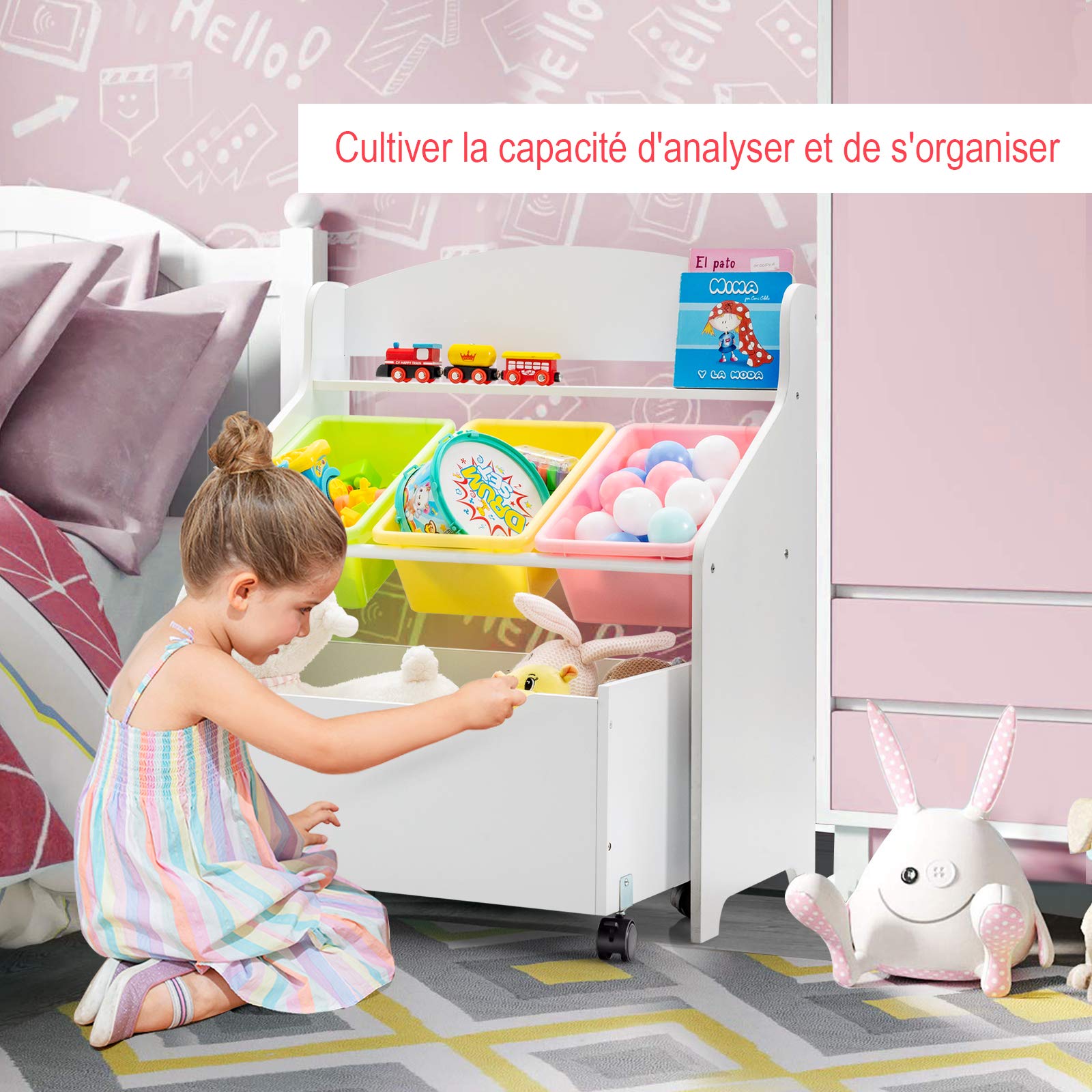COSTWAY Coffre à Jouet Enfant avec 3 Bacs et 1 Tiroir à roulettes, Meuble Rangement Jouet en Bois avec Espace de Stockage, Design Moderne pour Jouets et Livres, 63,5 x 38 x 76,5CM