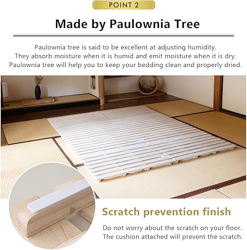 Miniatura 6 de EMOOR Cama de madera con listones de media pliegue tamaño Queen (63 x 78.7 pulgadas) para colchón de futón japonés Franco-Tower, Paulownia sin