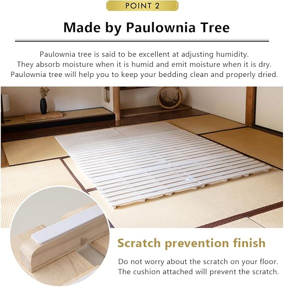 EMOOR Wooden Half Fold Type Slatted Bed Full 55×78 Inch Japanese Laying Futon FRANCO-TOWER Unpainted Paulownia Floor Bedding Guest Minimalist Tatami Natural