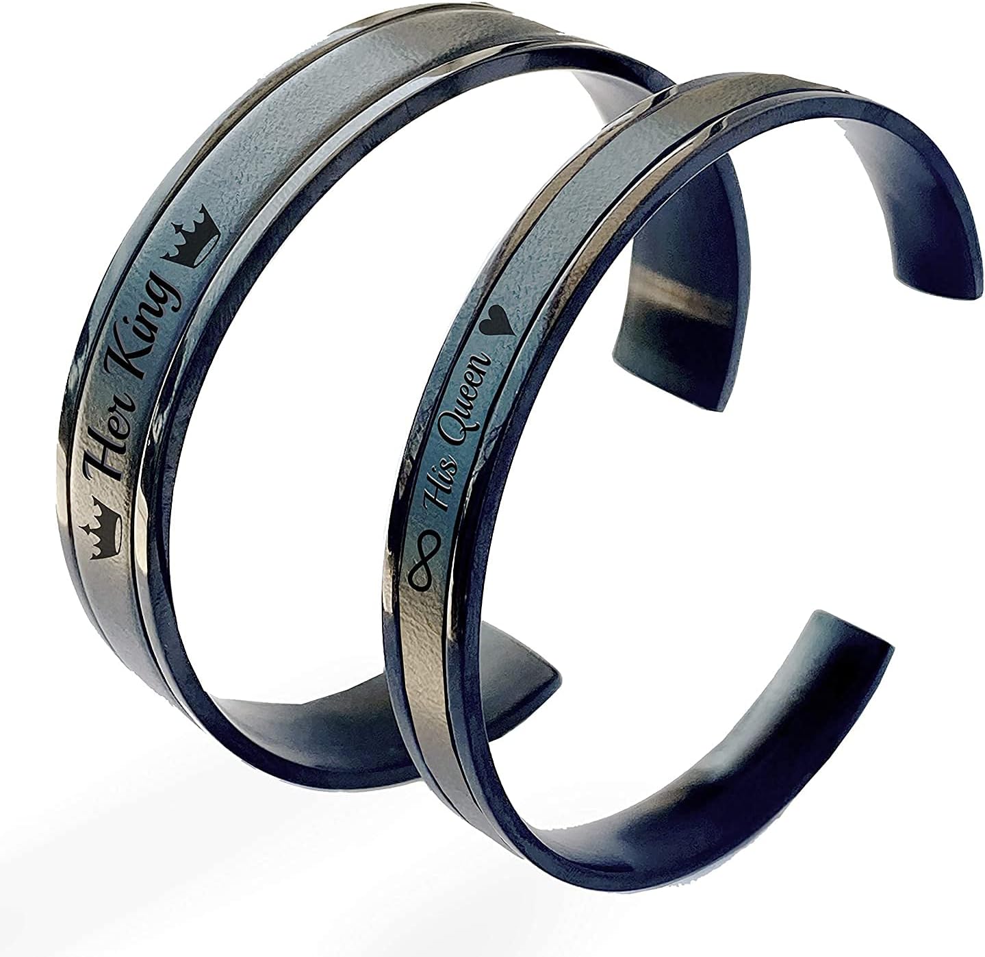 Personalized Matching Couples Cuff Bracelets Third Wedding Anniversary Gift with Leather Inlay His and Her Jewelry Black Tone