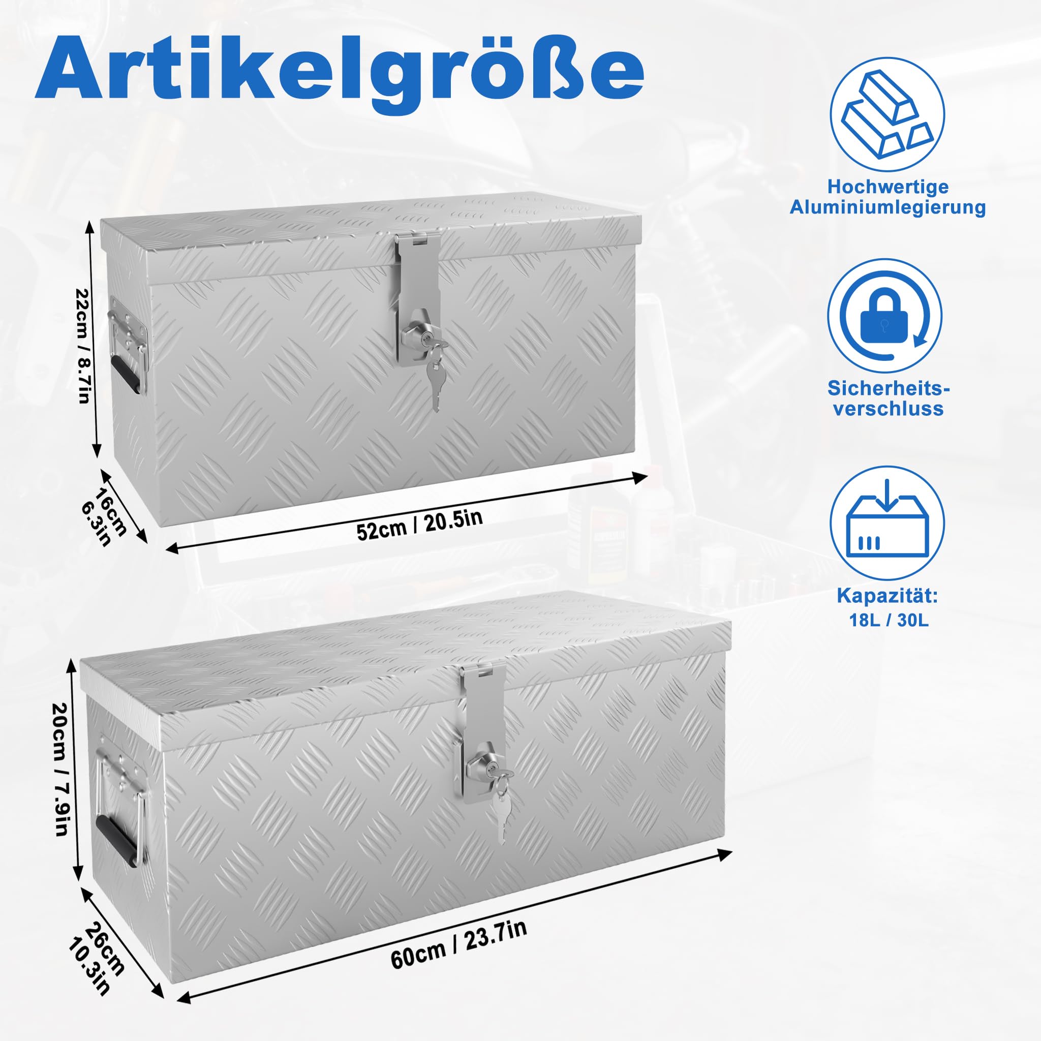 UISEBRT Aluminiowa skrzynka narzędziowa z zamkiem, aluminiowa skrzynka transportowa 520 x 160 x 220 mm, wytrzymała aluminiowa skrzynka na narzędzia, skrzynka na przyczepkę, wodoszczelne pudełko do