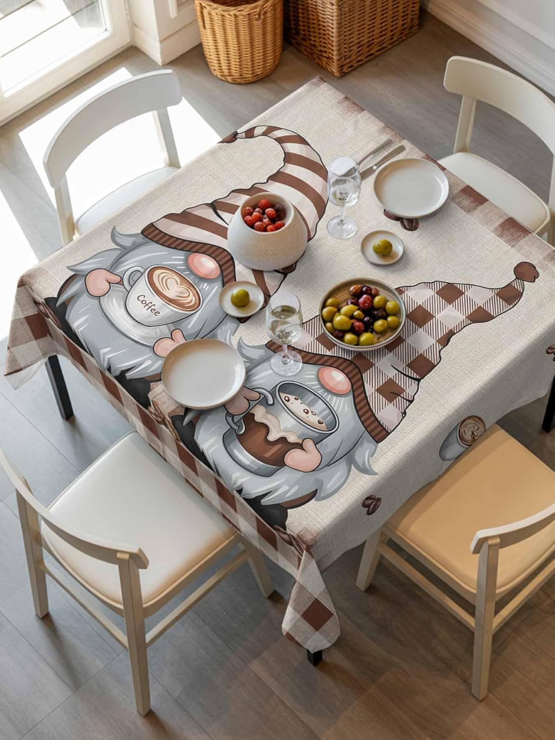 Square Gnomes Coffee Tablecloth Waterproof & Stainproof Tablecloths, Vintage Brown Buffalo Plaid Stripes Wipeable Table Cloth Wrinkle-Free for Round/Rectangle/Oval/Square/Dining/Party/Wedding, 54x54