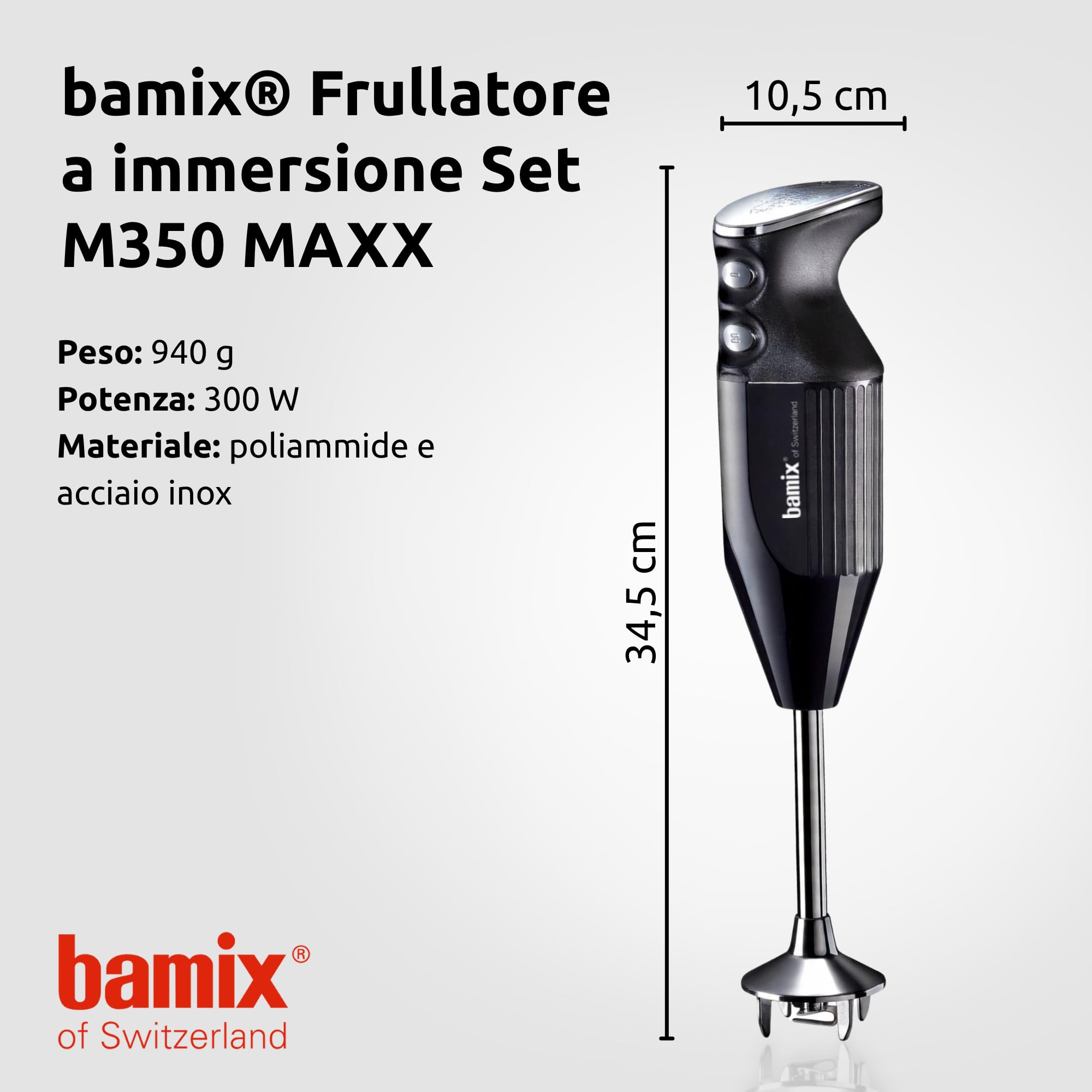 bamix Frullatore a immersione M350 MAXX incl. lama multiuso, per carni e verdure, frusta, frullino in acciaio inox, 300 watt, 2 velocità, Made in Switzerland, Nero/cromo