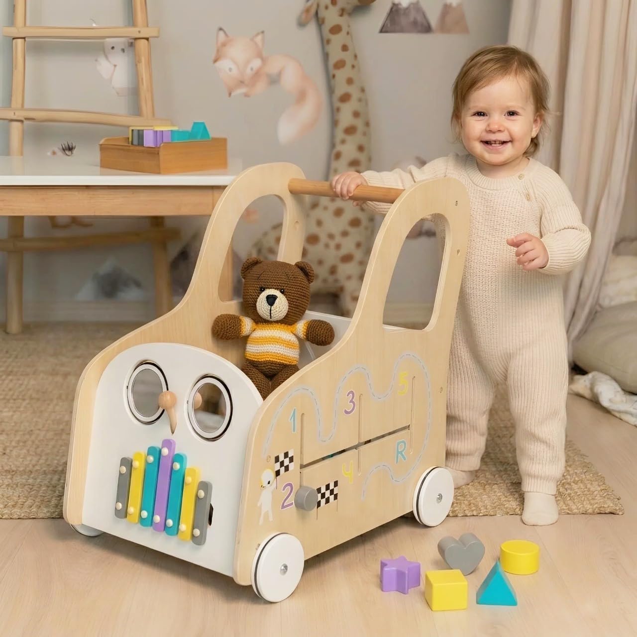 Cateam Lauflernwagen Baby mit rädern - Holzspielzeug mit Lauflernhilfe, Motorikwürfel und Gehfrei - Montessori Spielzeug Busy Board - Push & Pull Lauflernspielzeug mit Aufbewahrung Körb, Babyschieber