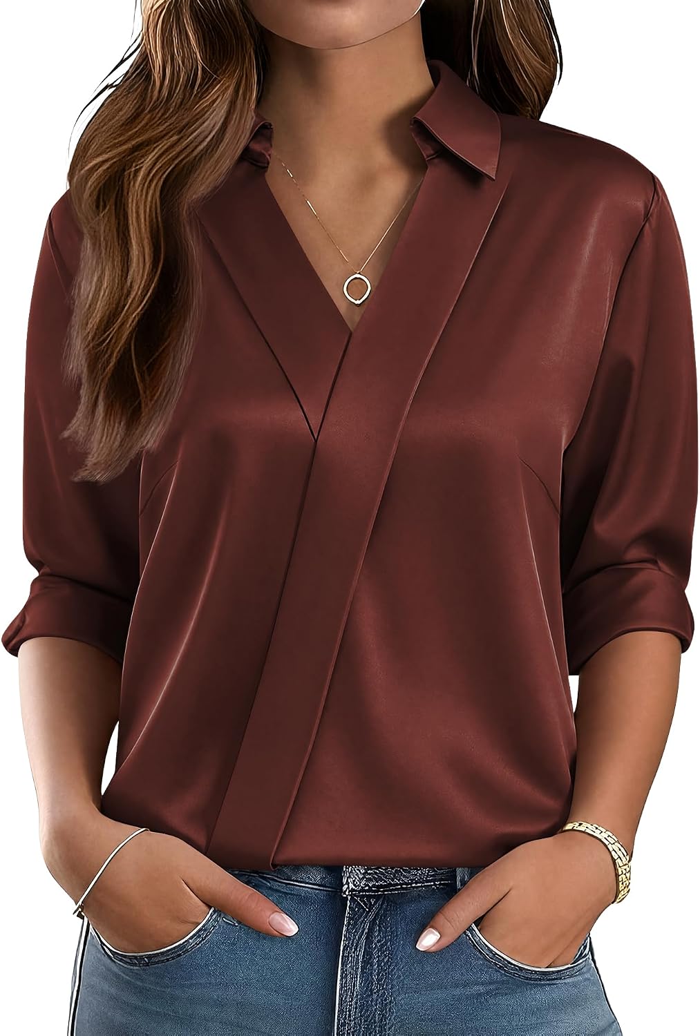 Women's Dressy V-Neck Long Sleeve Satin Blouse