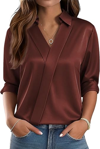 LOMON Long Sleeve Shirts for Women Dressy V Neck Satin Blouses Silk Tops | Business Casual Outfits,Dressy Casual Blouses,Trendy Fall Tops,Ladies Tops and Blouses,Women Fall Clothes,Early Fall Fashion