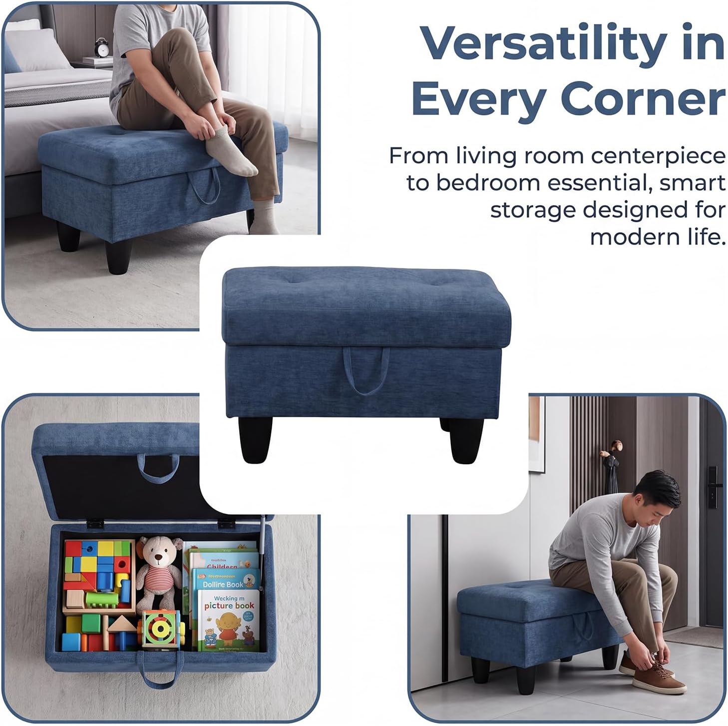 28" Storage Ottoman with Storage for Bedroom, Solid Wood End of Bed Storage Bench, 660lbs Capacity Heavy Duty Foot Rest Stool, Navy Blue Linen Bench with Double Layer Springs (Dark Blue)
