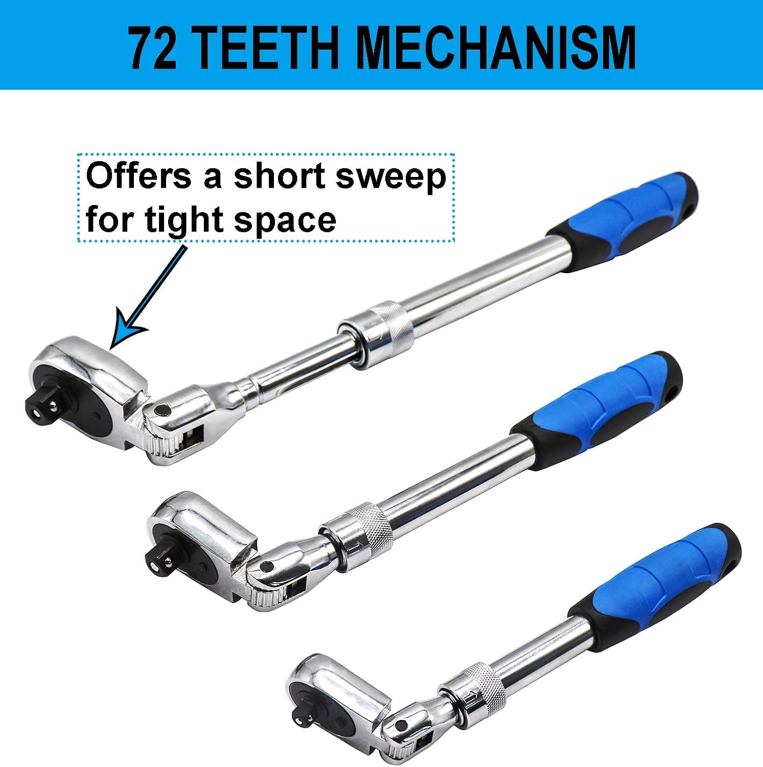 YOTOO Extendable Ratchet Set 3Pcs 1/4", 3/8" & 1/2" Drive 72 Tooth Flex-Head Quick Release Locking Ratchets