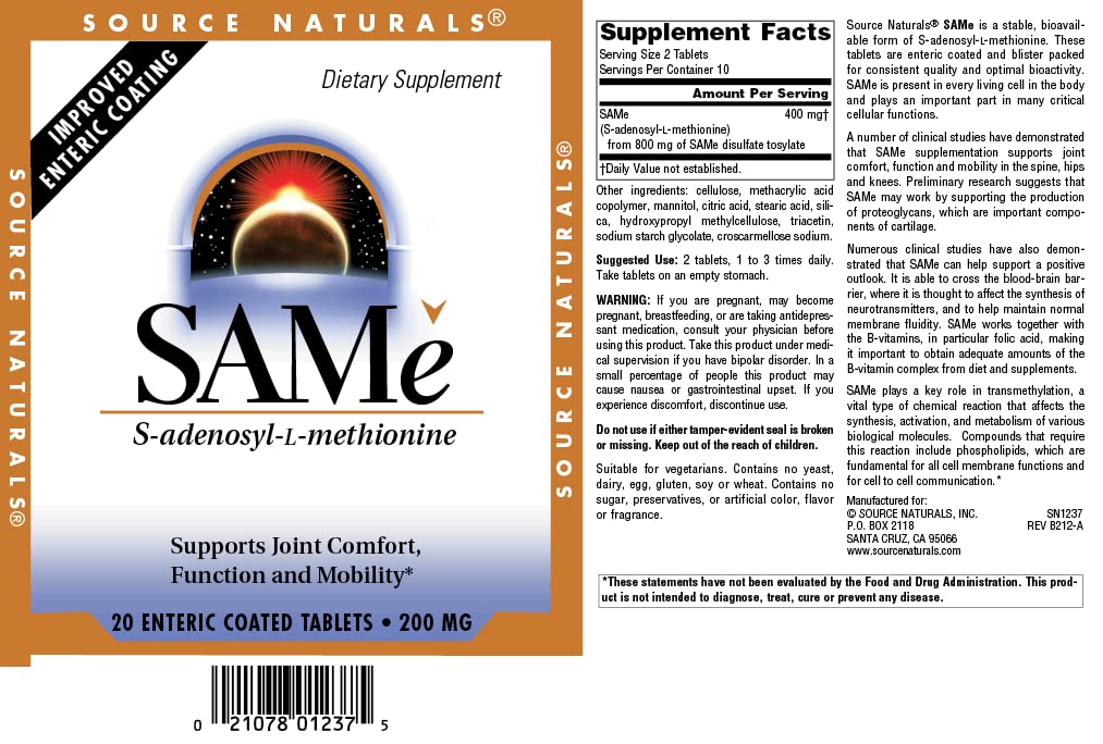 Source Naturals Same, 400 mg Per Serving - 20 Enteric Coated Tablets — Amazon image 3
