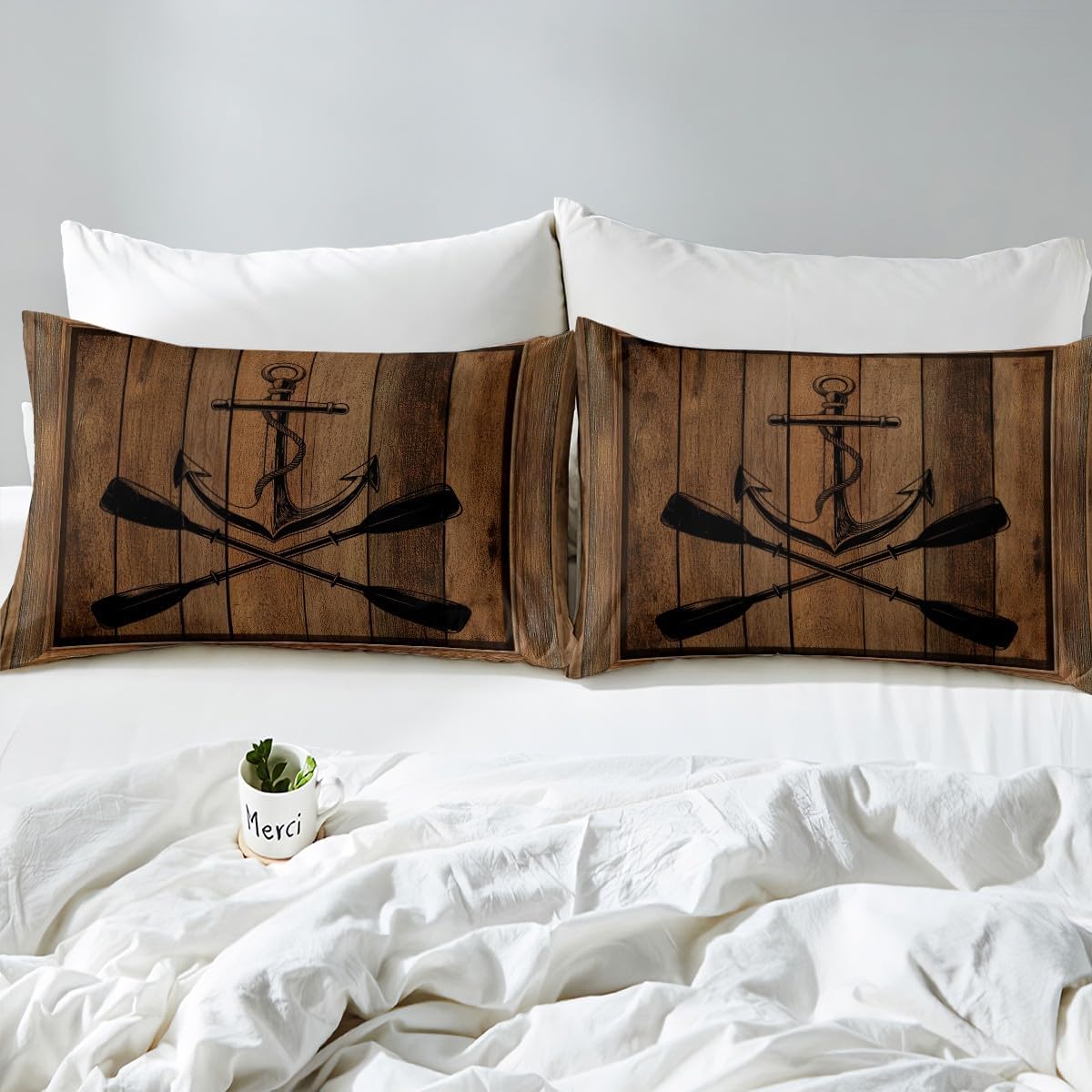 Nautical Anchor Bedding Set King Size for Bedroom,Lake Life Paddle Go Boating Themed Comforter Cover with 2 Pillowcases,Brown Retro Rustic Country Wooden Plaid Duvet Cover Set Microfiber Quilt Cover