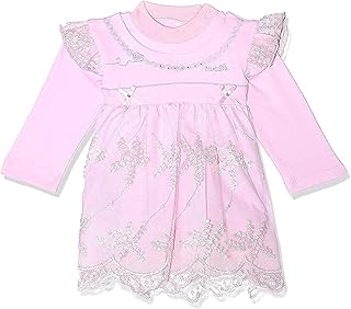 فستان بأكمام قصيرة على الكتف مزين بفصوص ودانتيل مع تيشيرت بأكمام طويلة للبنات من بيبي كادو - بينك، قطعتين، 0 - 3 شهور، زهري