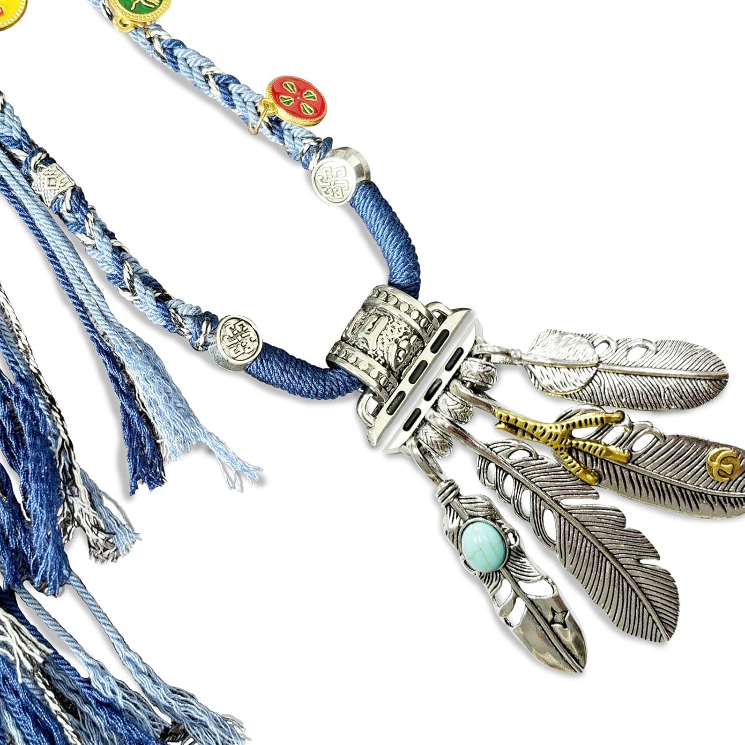 Necklace Adapter Pendant Compatible with Apple Watch, Lady Blue Handmade Lanyard Connector with Double Wound Wristband, Feather Trim Tether IWatch 8/7/6/5/4/SE/9