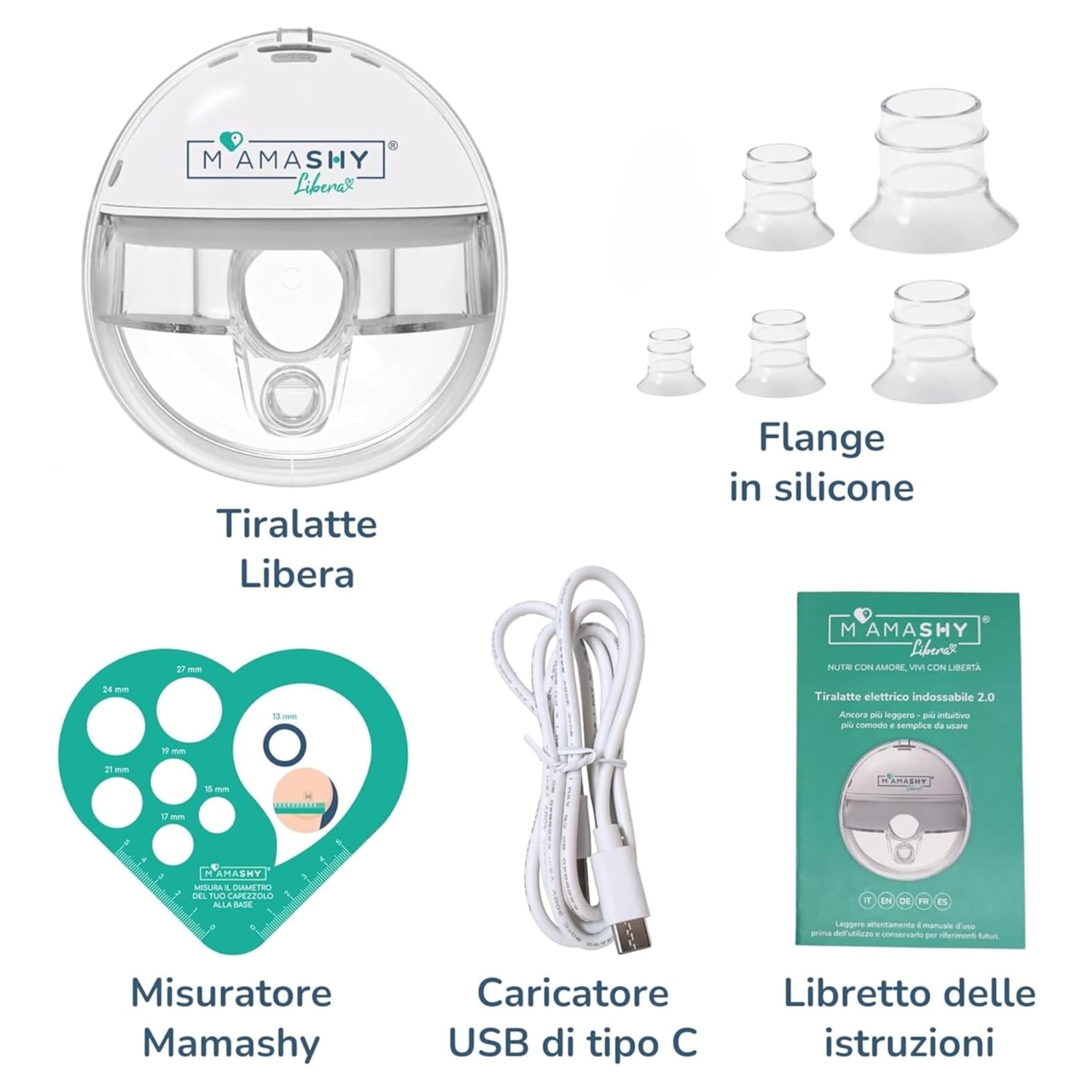 MAMASHY Libera – Tiralatte Elettrico Portatile e Silenzioso con 6 Taglie, Ricaricabile USB‑C, 5 Adattatori Silicone BPA‑Free, Perfetto per Allattamento Neonati, Accessori Inclusi