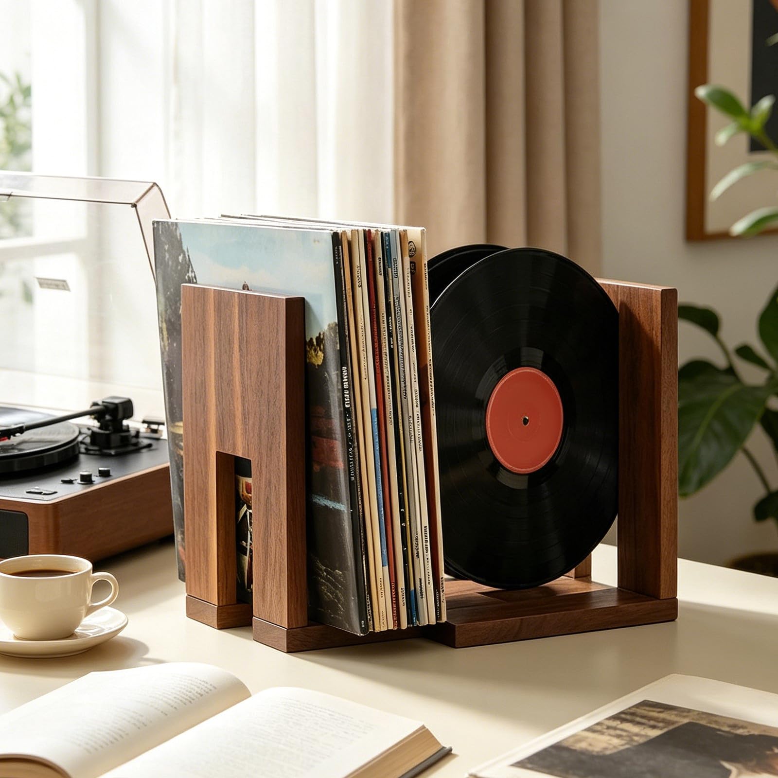 Estante ajustable de madera para discos de vinilo - Soporte extensible para discos, álbumes y revistas - Organizador versátil para el escritorio de la sala de estar o del estudio