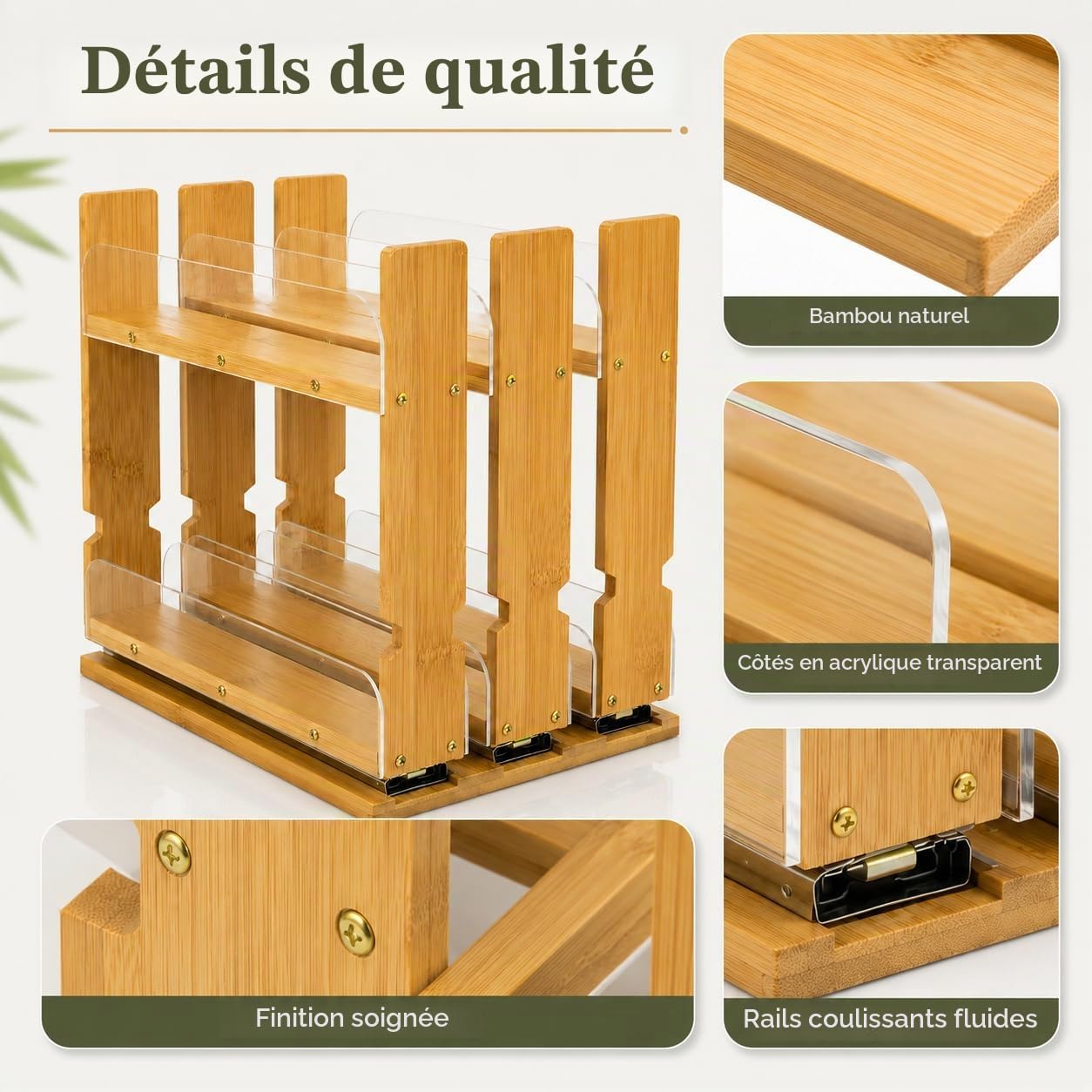 Étagère à épices extensible en bambou pour armoire de cuisine, 2 niveaux, 3 tiroirs, peu encombrant, robuste, pour épices, bois naturel
