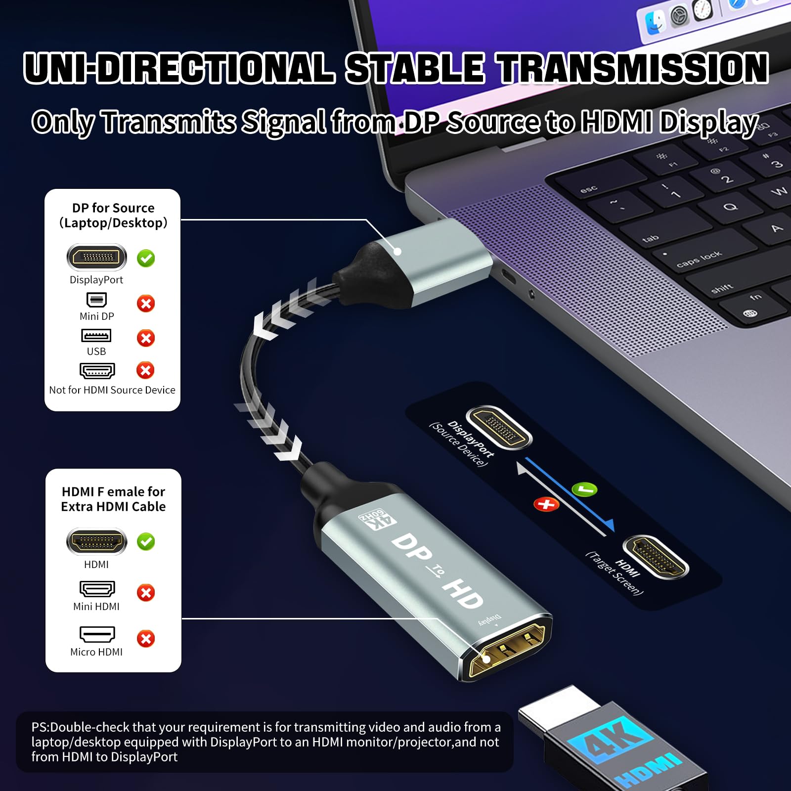 Adaptateur port d'affichage 4K vers HDMI, port d'affichage unidirectionnel ordinateur vers HDMI, convertisseur Plug & Play avec synchronisation audio et vidéo pour téléviseur HD/moniteur