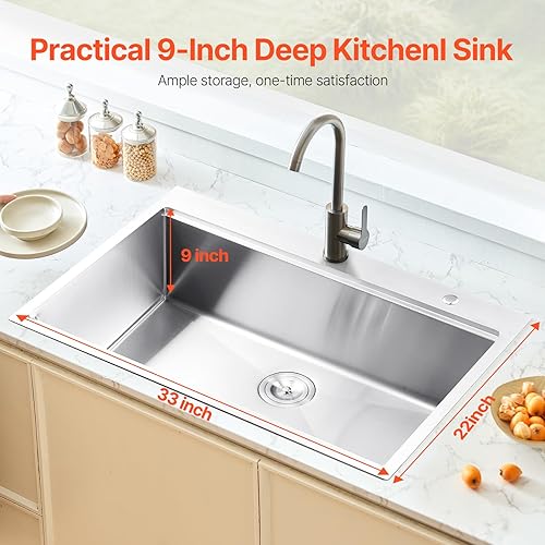 Miniatura 2 de VEVOR Fregadero de cocina de 33 pulgadas, fregadero de acero inoxidable 304 con montaje superior, lavabo de granja de un solo tazón con reborde y
